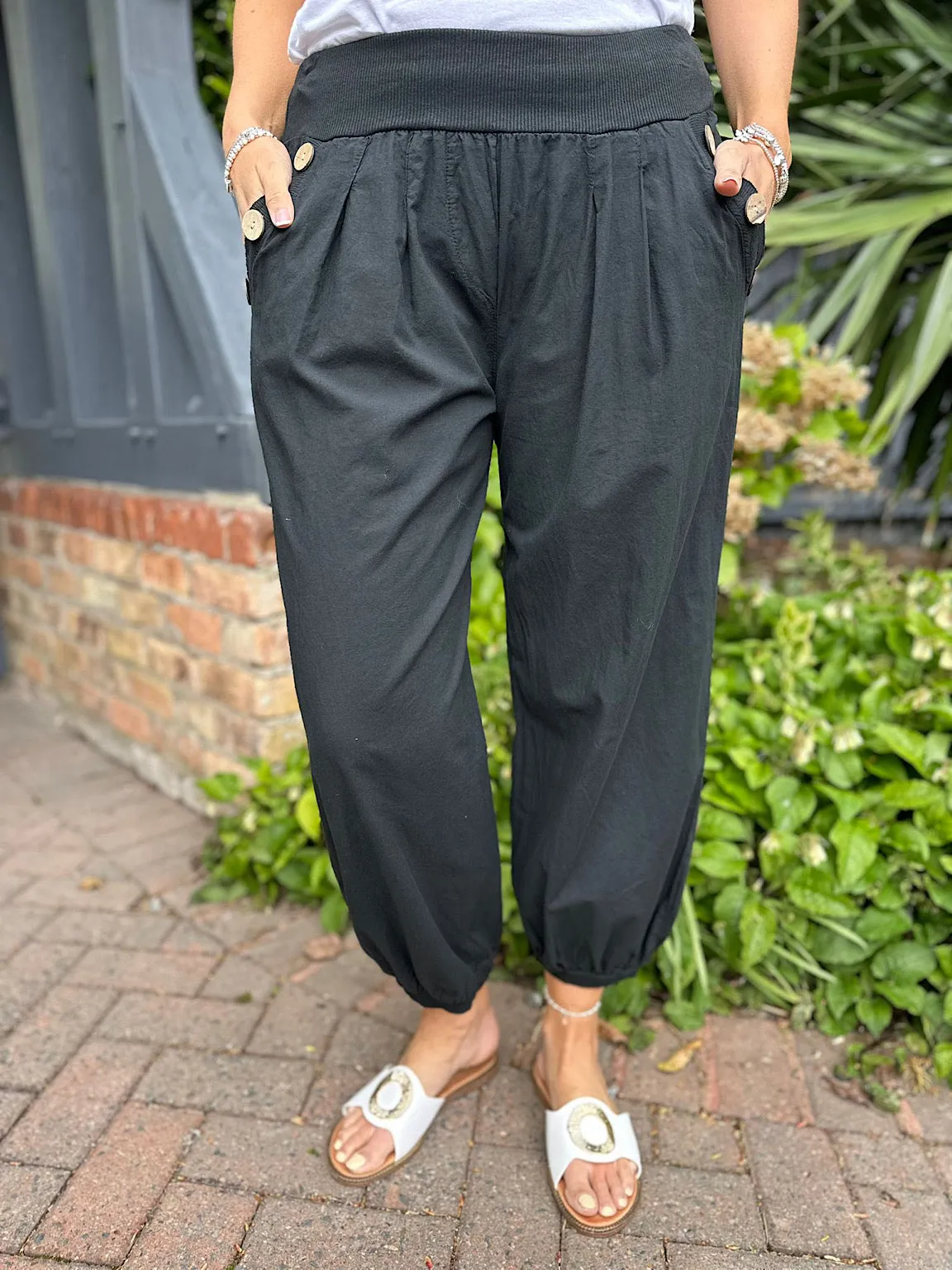 Black Button Pocket Lightweight Trousers