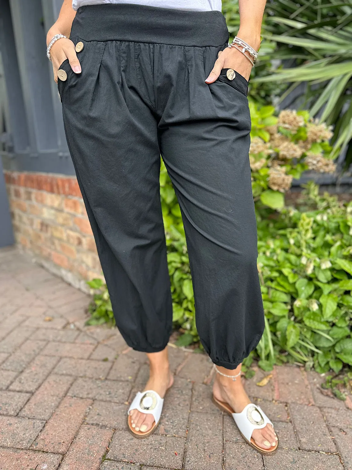 Black Button Pocket Lightweight Trousers