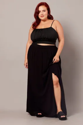 Black Crinkle Split Front Maxi Skirt