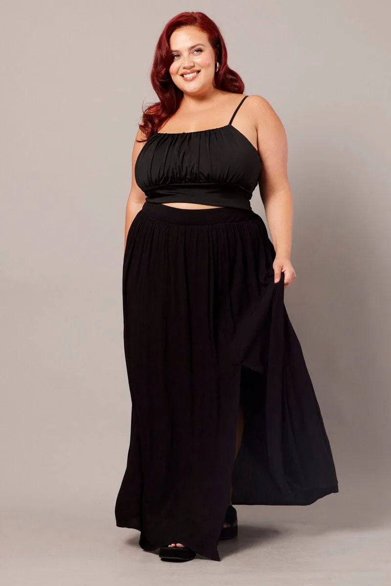 Black Crinkle Split Front Maxi Skirt