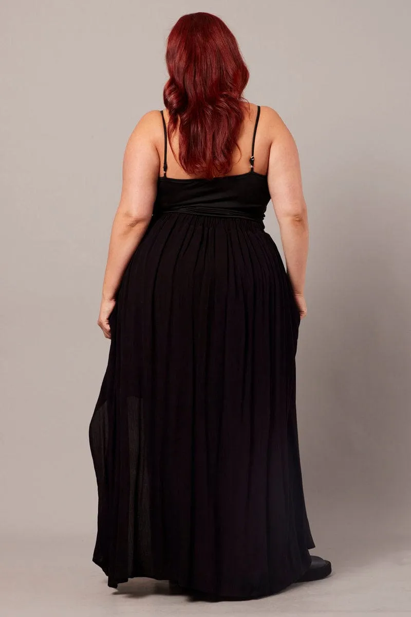 Black Crinkle Split Front Maxi Skirt