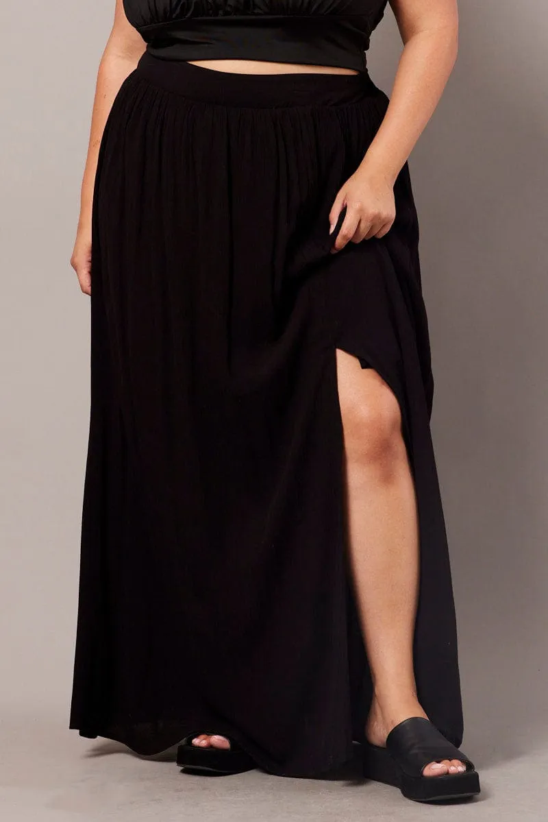 Black Crinkle Split Front Maxi Skirt