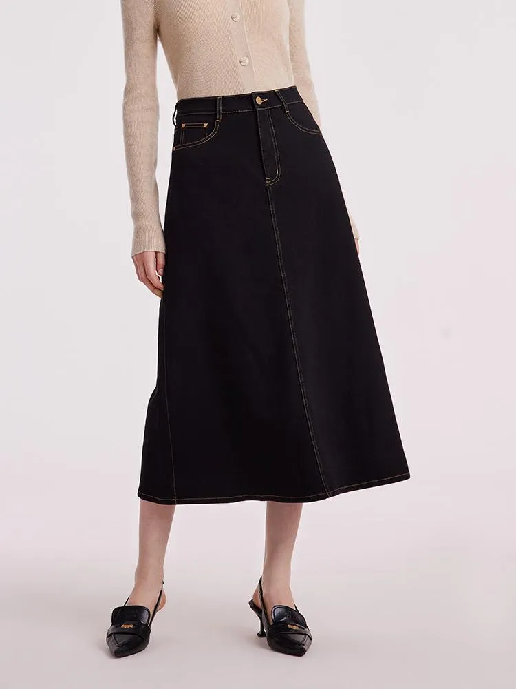 Black Denim A-Line Skirt