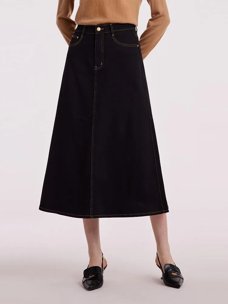 Black Denim A-Line Skirt