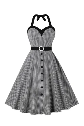 Black Halter Plaid Sleeveless Button 1950s Dress