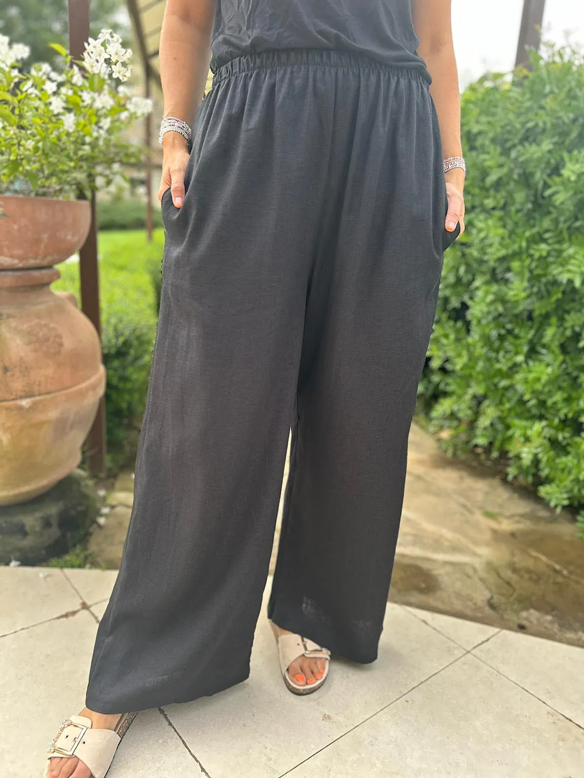 Black Linen Blend Wide Leg Trousers Harriet