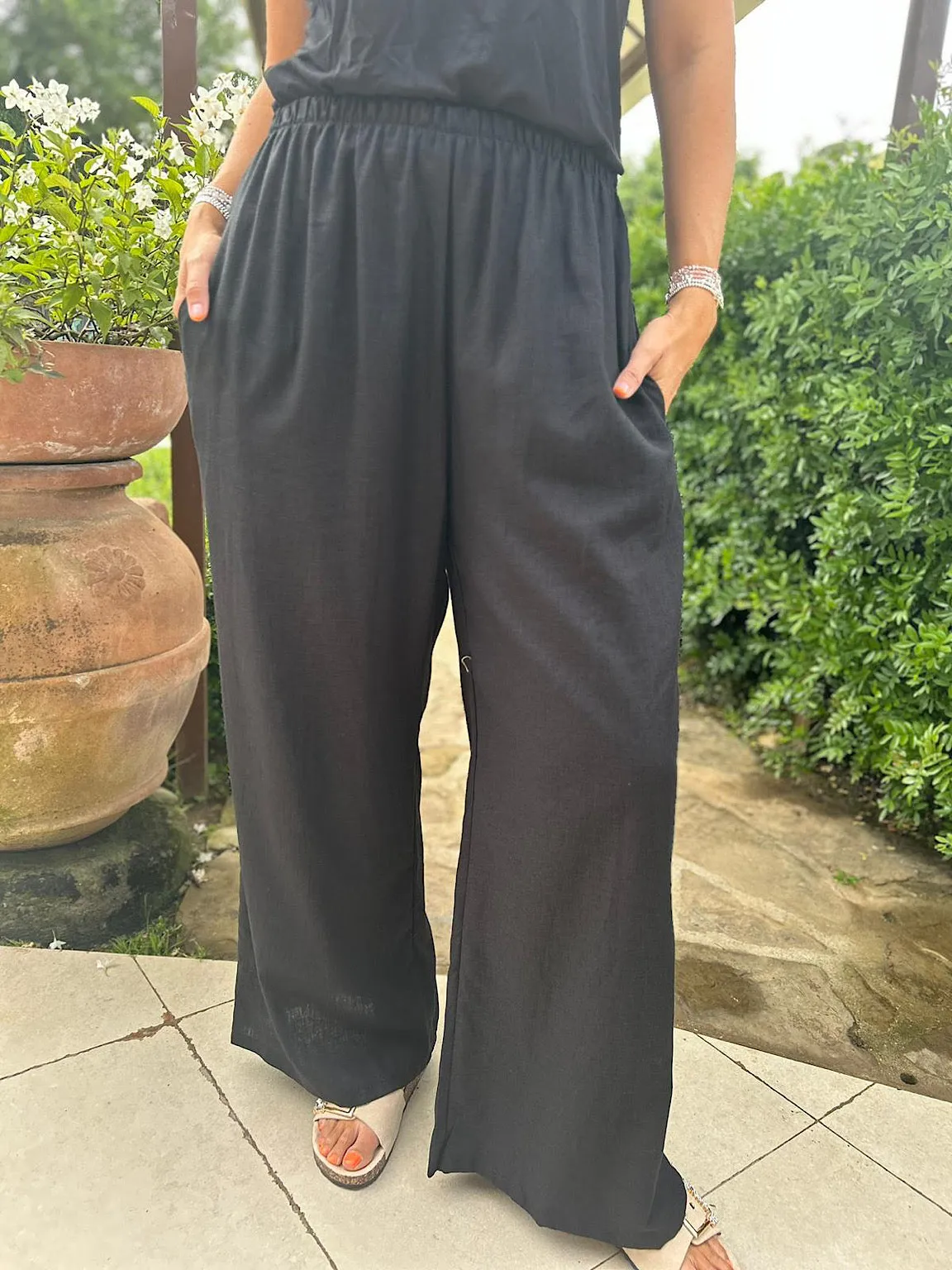 Black Linen Blend Wide Leg Trousers Harriet