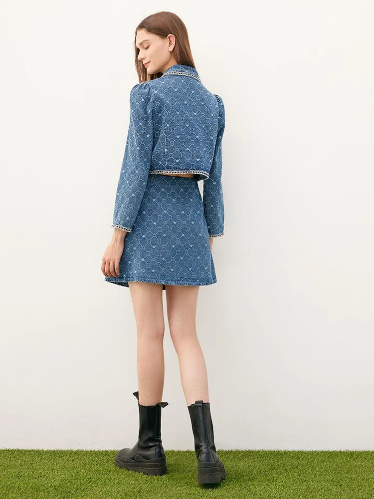 Blue Tweed Jacquard Denim Suit Jacket&Skirt