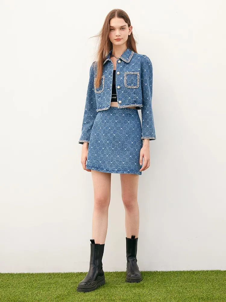 Blue Tweed Jacquard Denim Suit Jacket&Skirt