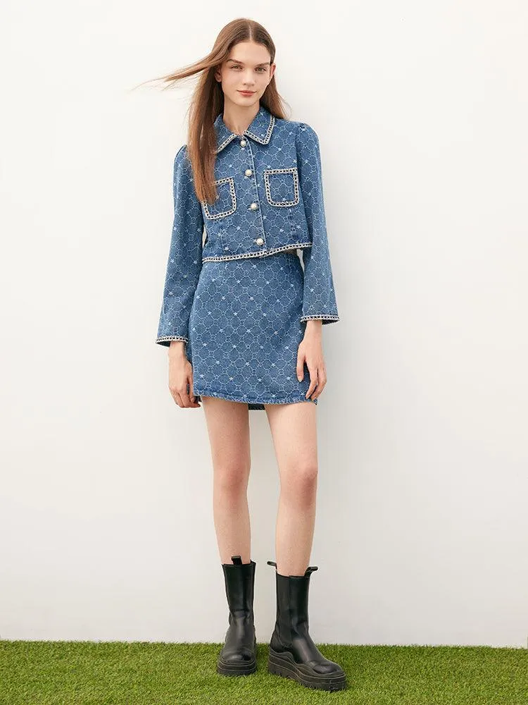 Blue Tweed Jacquard Denim Suit Jacket&Skirt