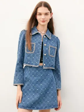 Blue Tweed Jacquard Denim Suit Jacket&Skirt