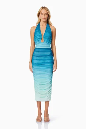 Brielle Halter Neck Midi Dress In Blue