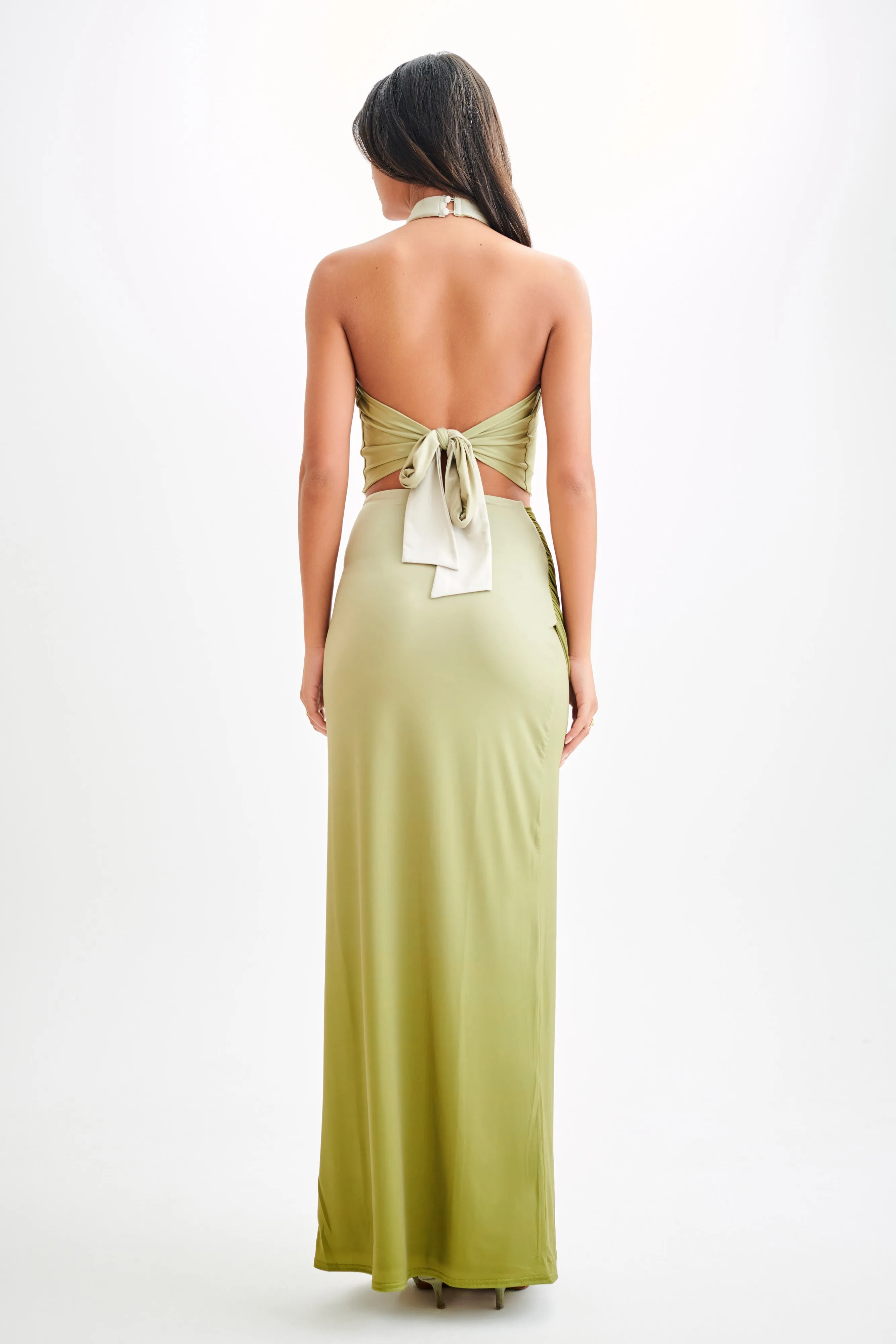 Bronwyn Slinky Ruched Maxi Skirt With Split - Ombre Vintage Olive