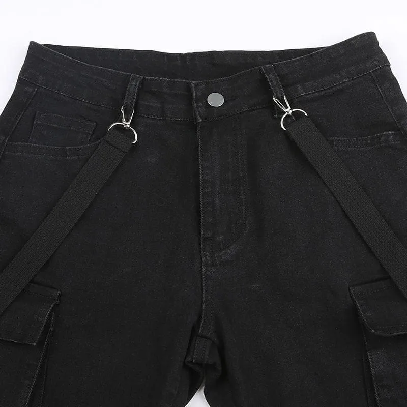 Button cargo pocket ribbon low rise solid jeans