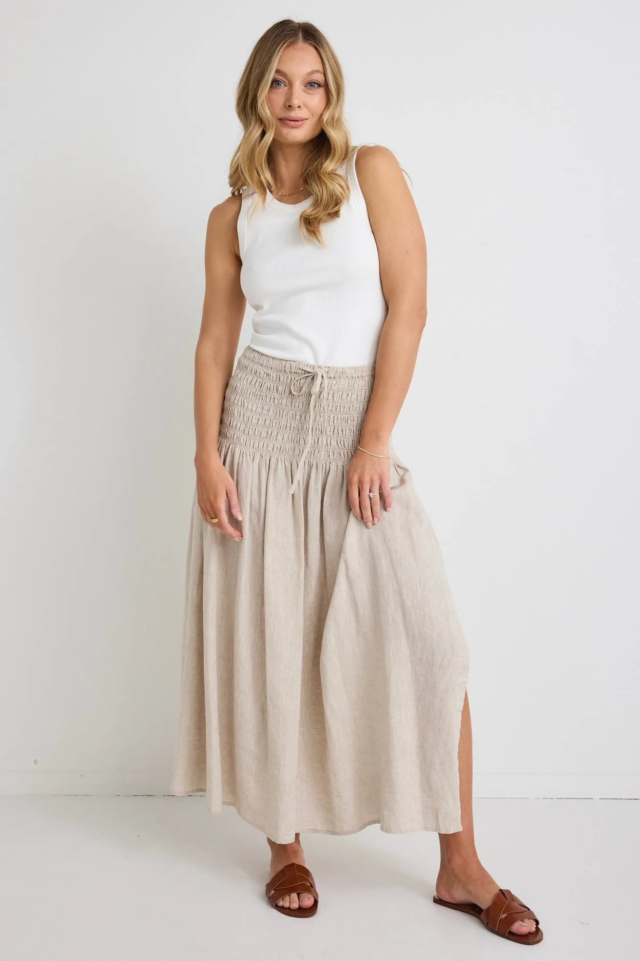 Byron Natural Linen Shirred Waist Maxi Skirt