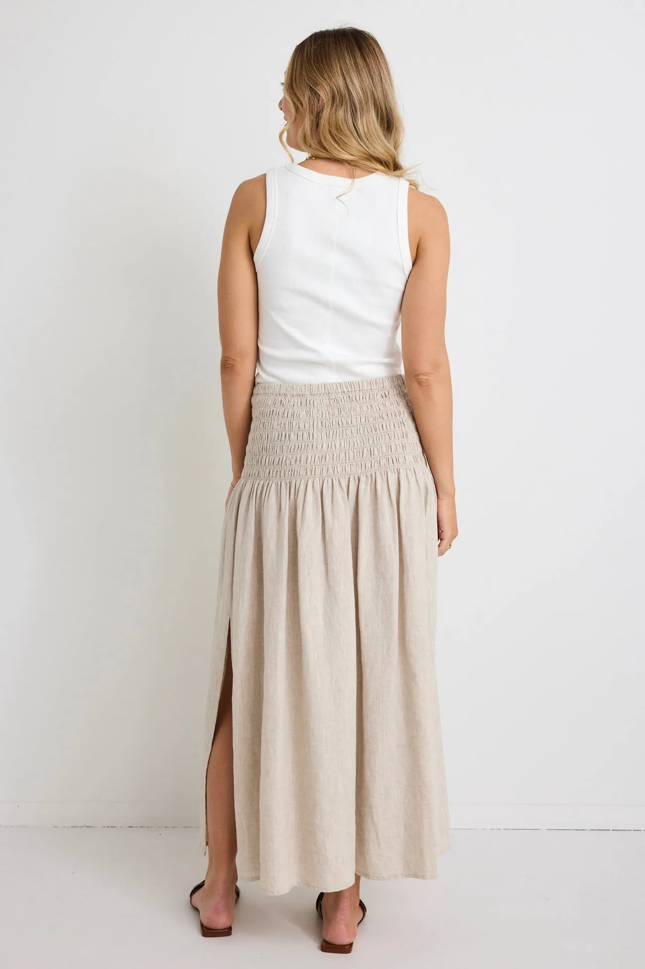 Byron Natural Linen Shirred Waist Maxi Skirt