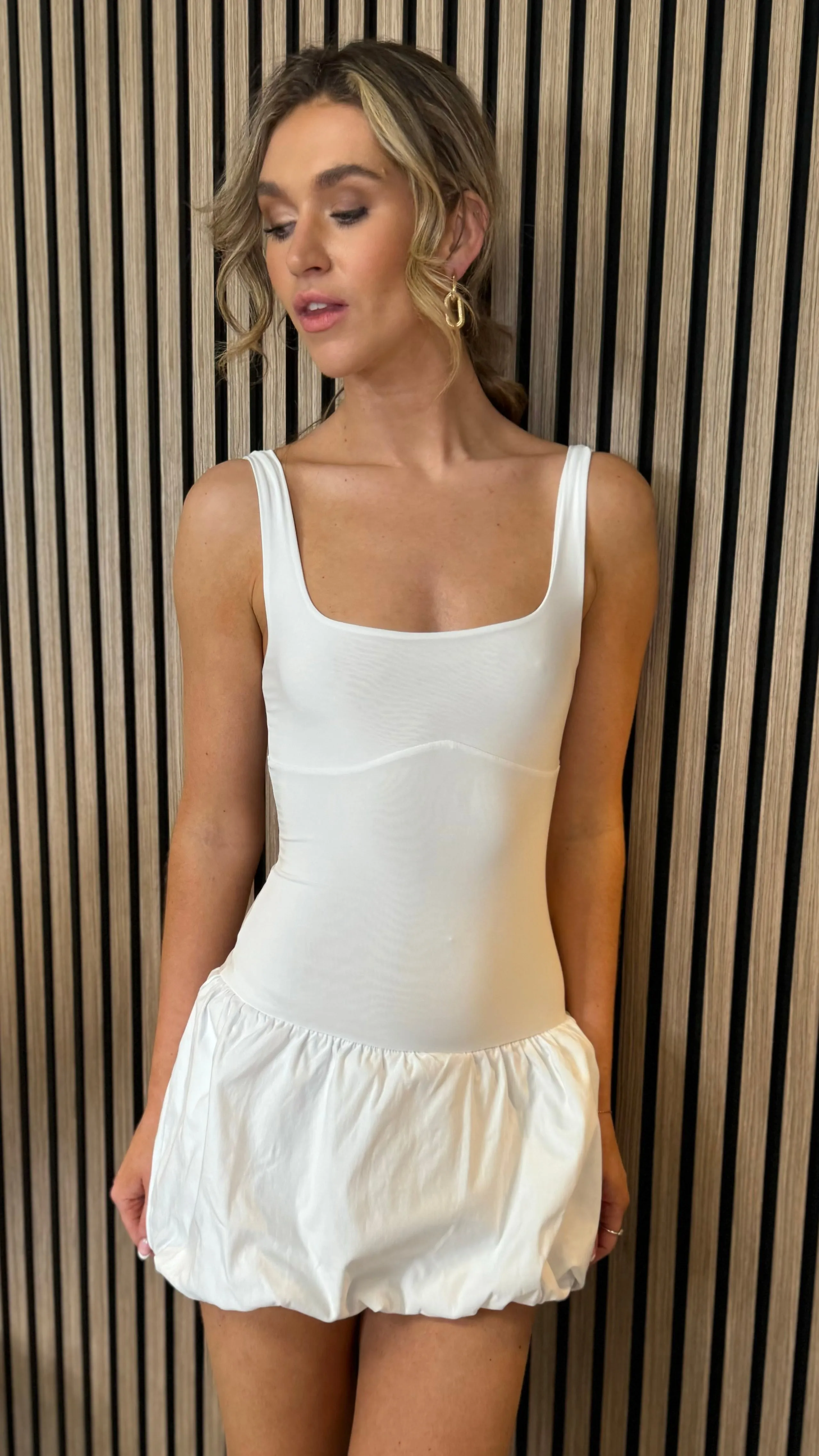 Caramela White Square Neck Puff Skirt Mini Dress