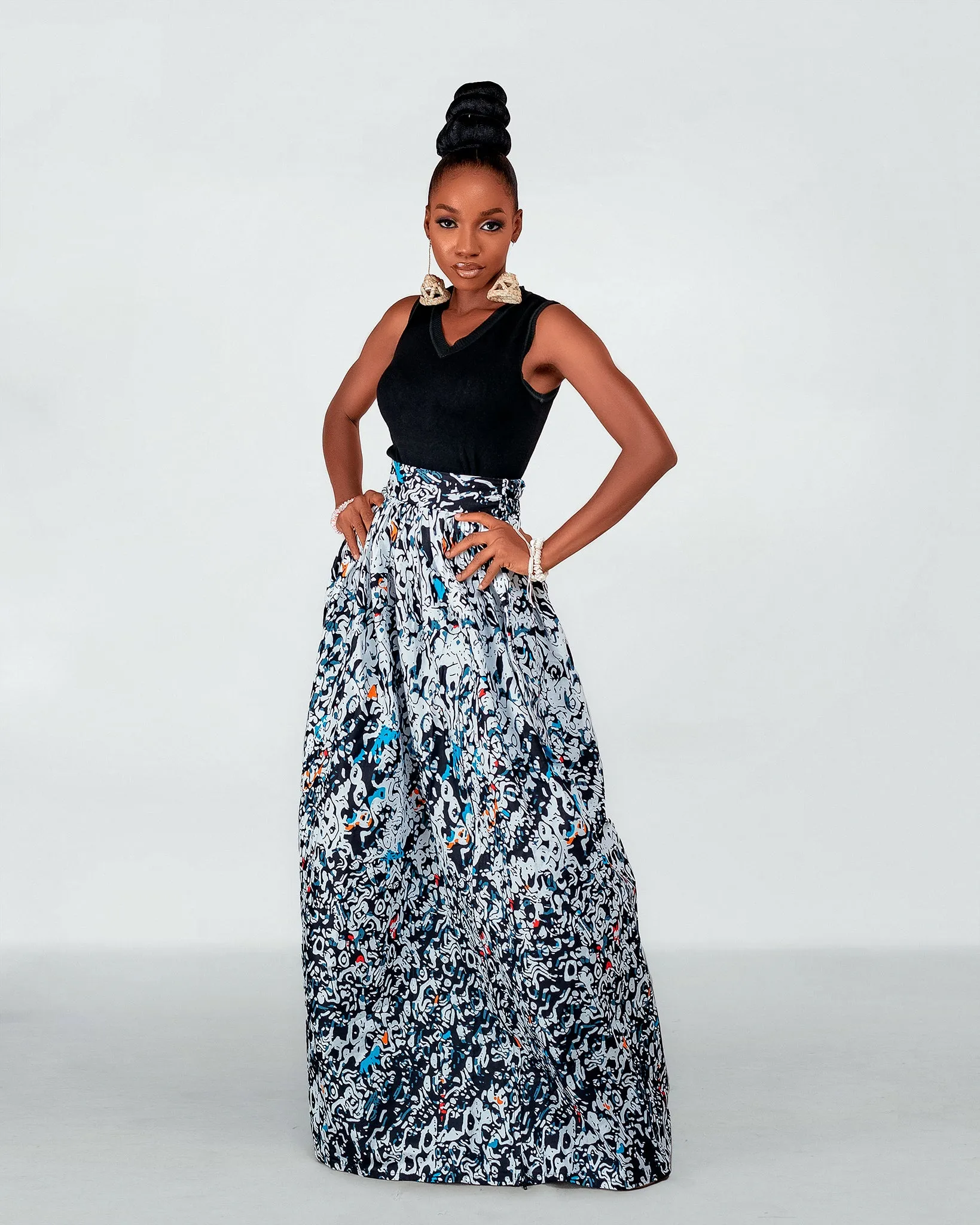 Carol Ankara Maxi Skirt | Black and White African Print