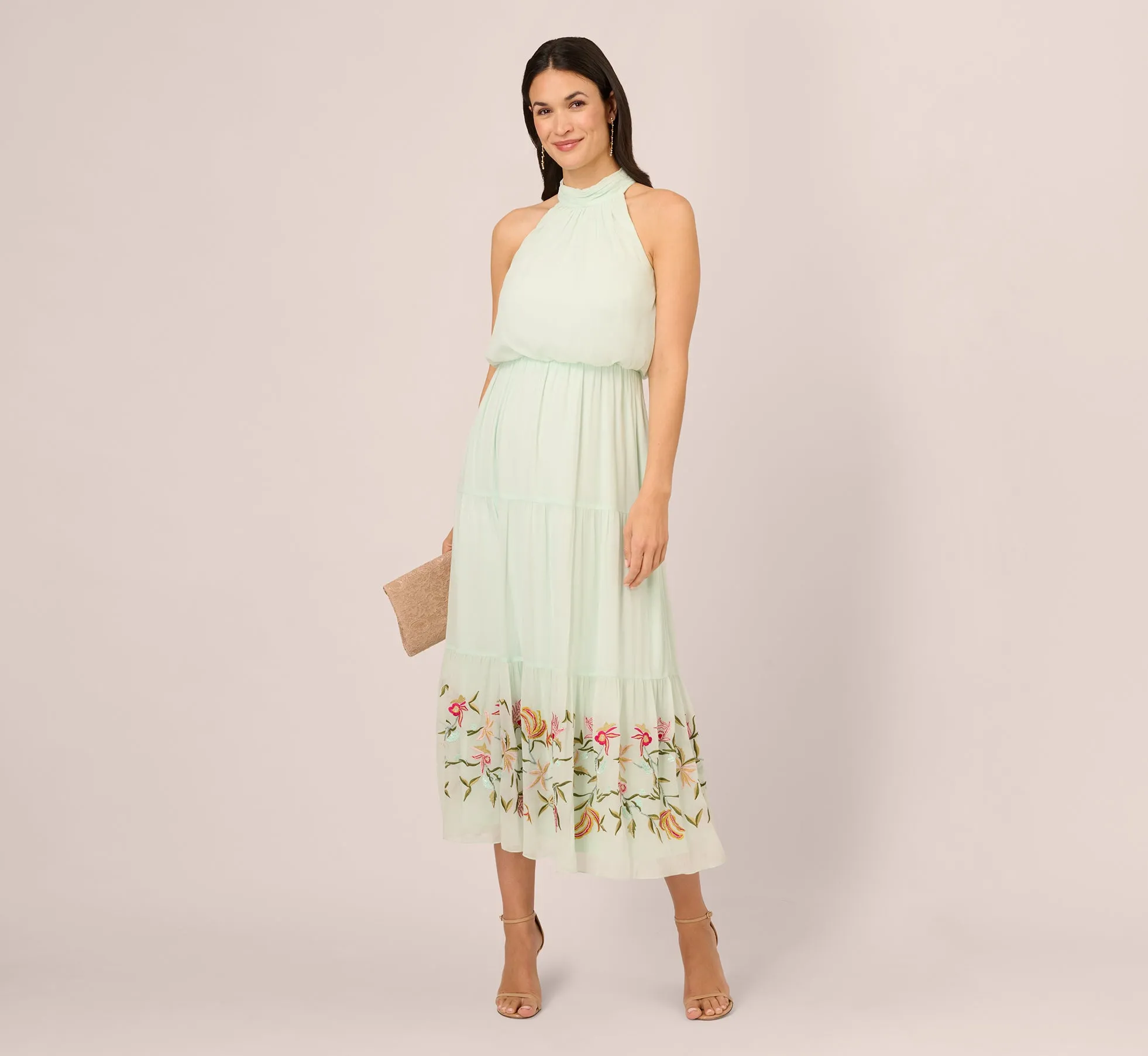 Chiffon Halter Midi Dress With Floral Embroidered Skirt In Mint Glass