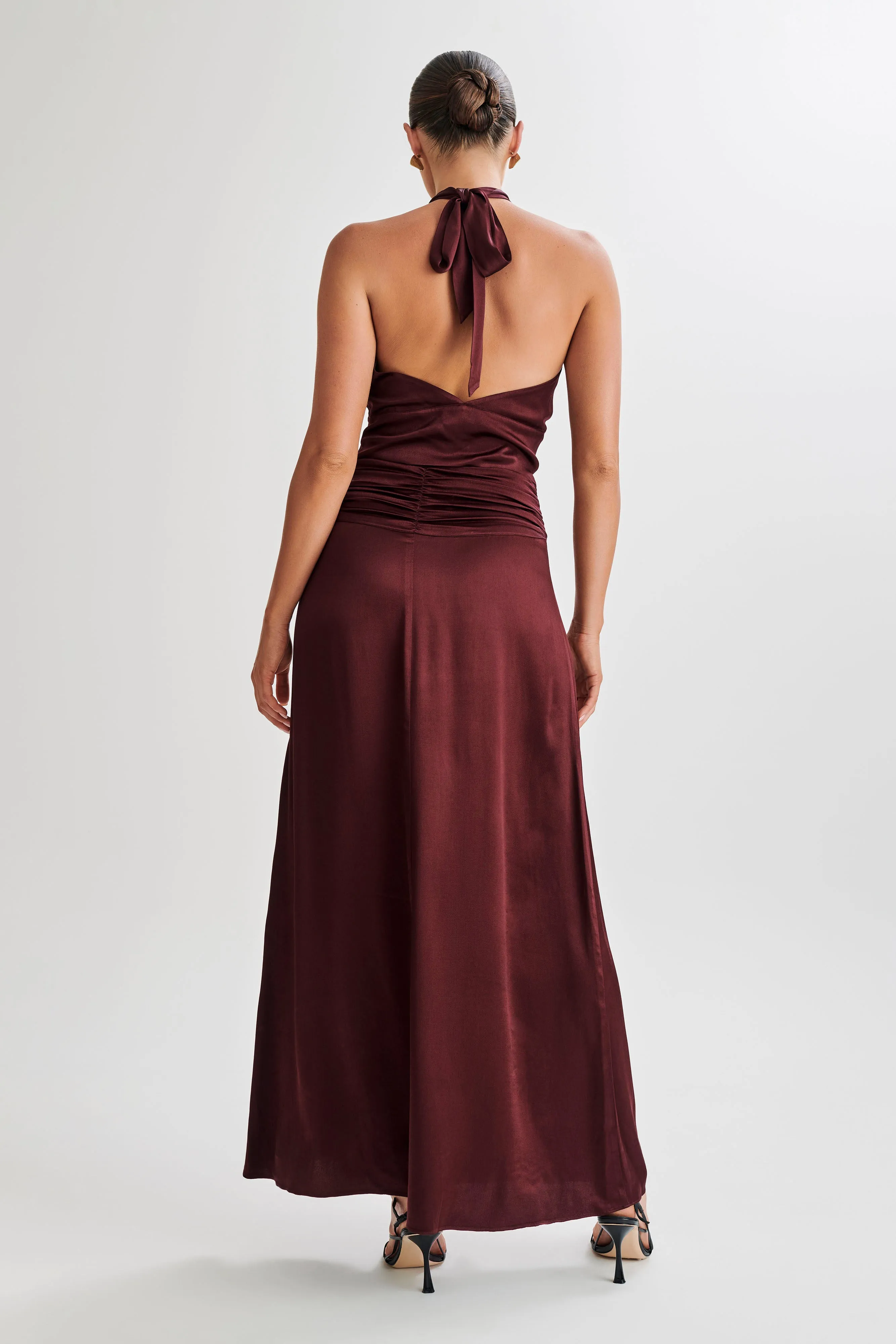 Clara Satin Ruched Maxi Skirt - Plum