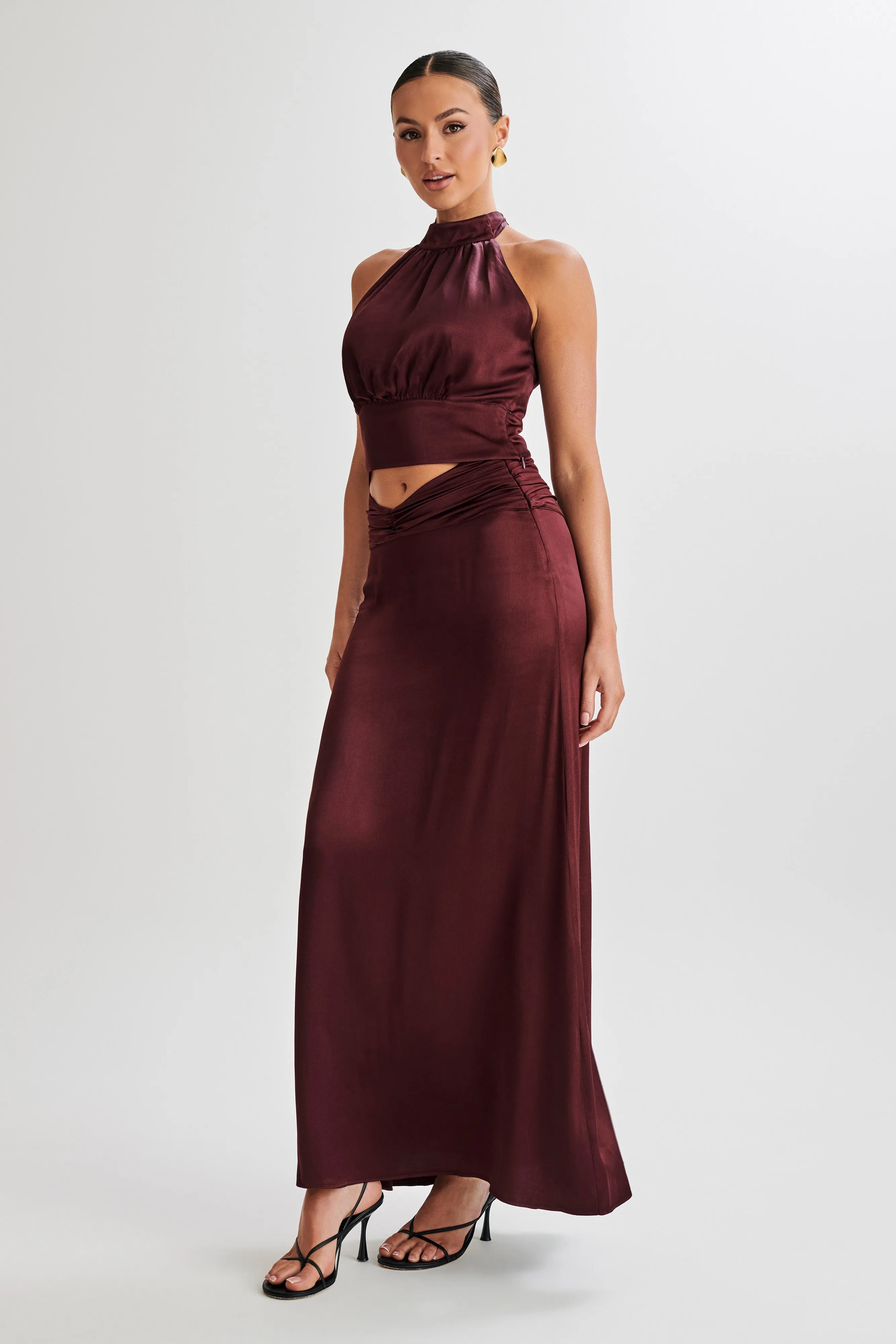 Clara Satin Ruched Maxi Skirt - Plum