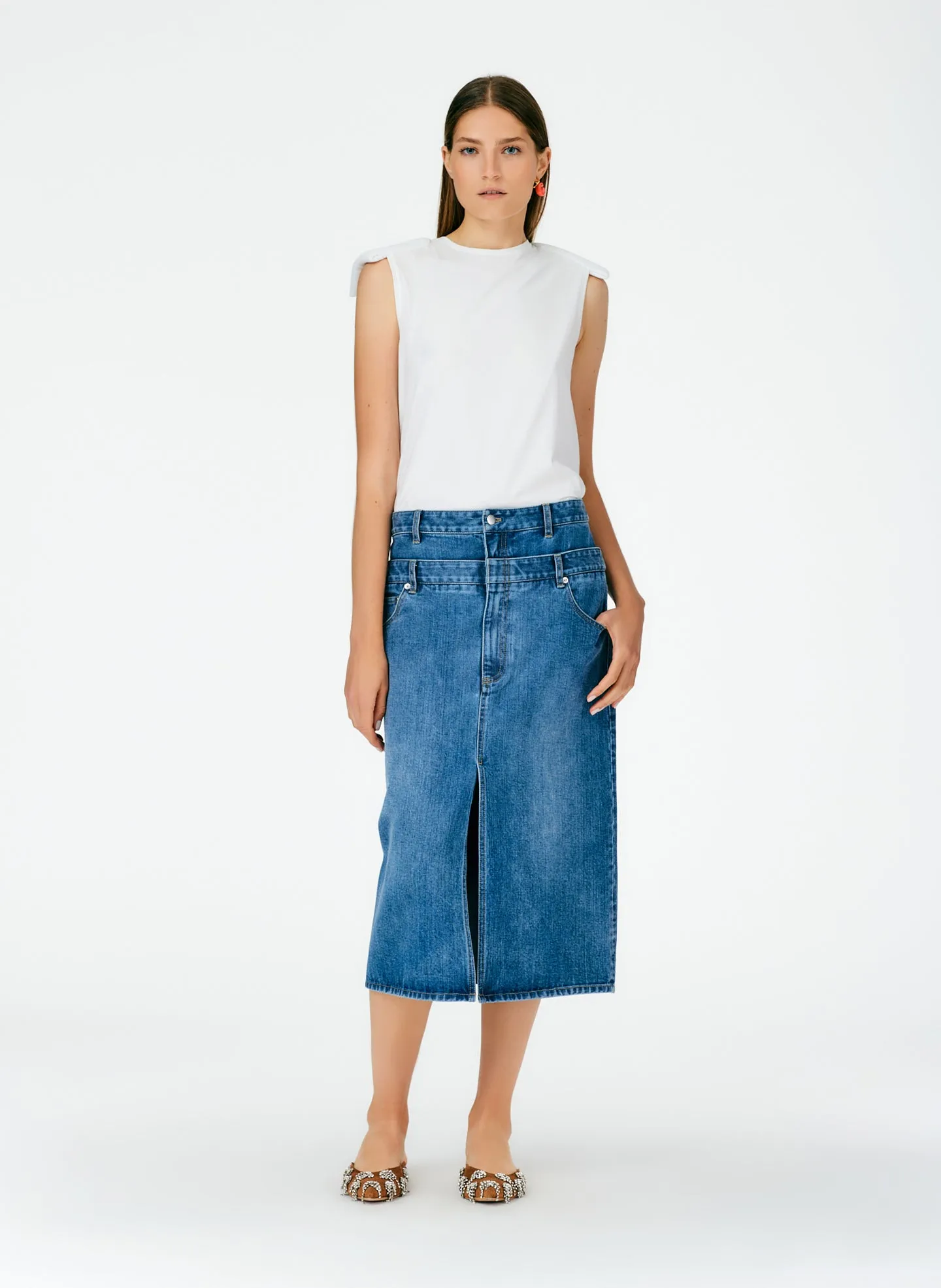 Classic Wash Double Waisted Denim Skirt