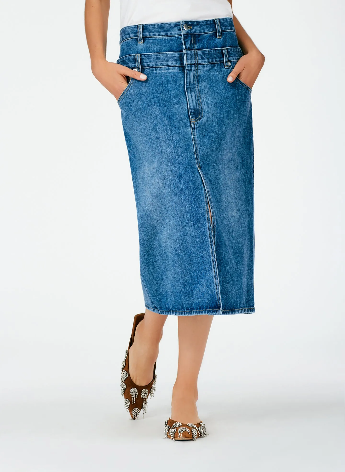 Classic Wash Double Waisted Denim Skirt