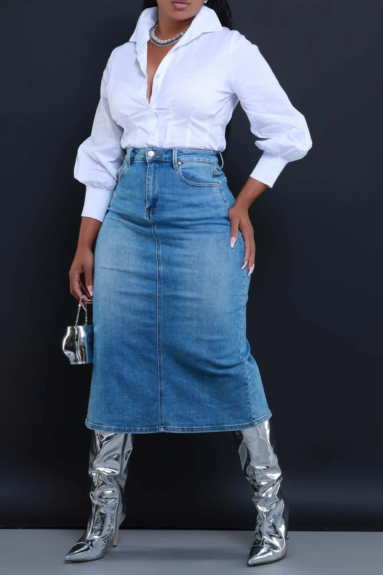 Cleaned Up High Rise Denim Midi Skirt