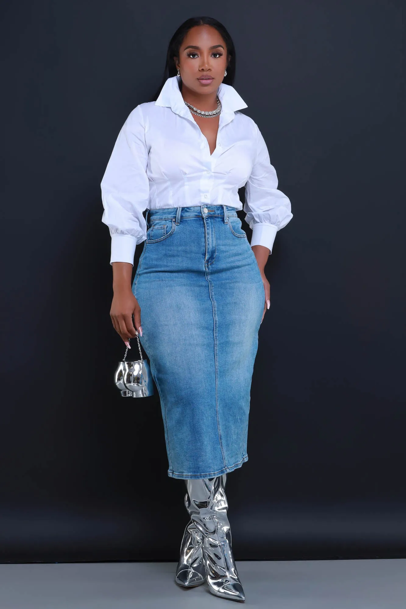 Cleaned Up High Rise Denim Midi Skirt