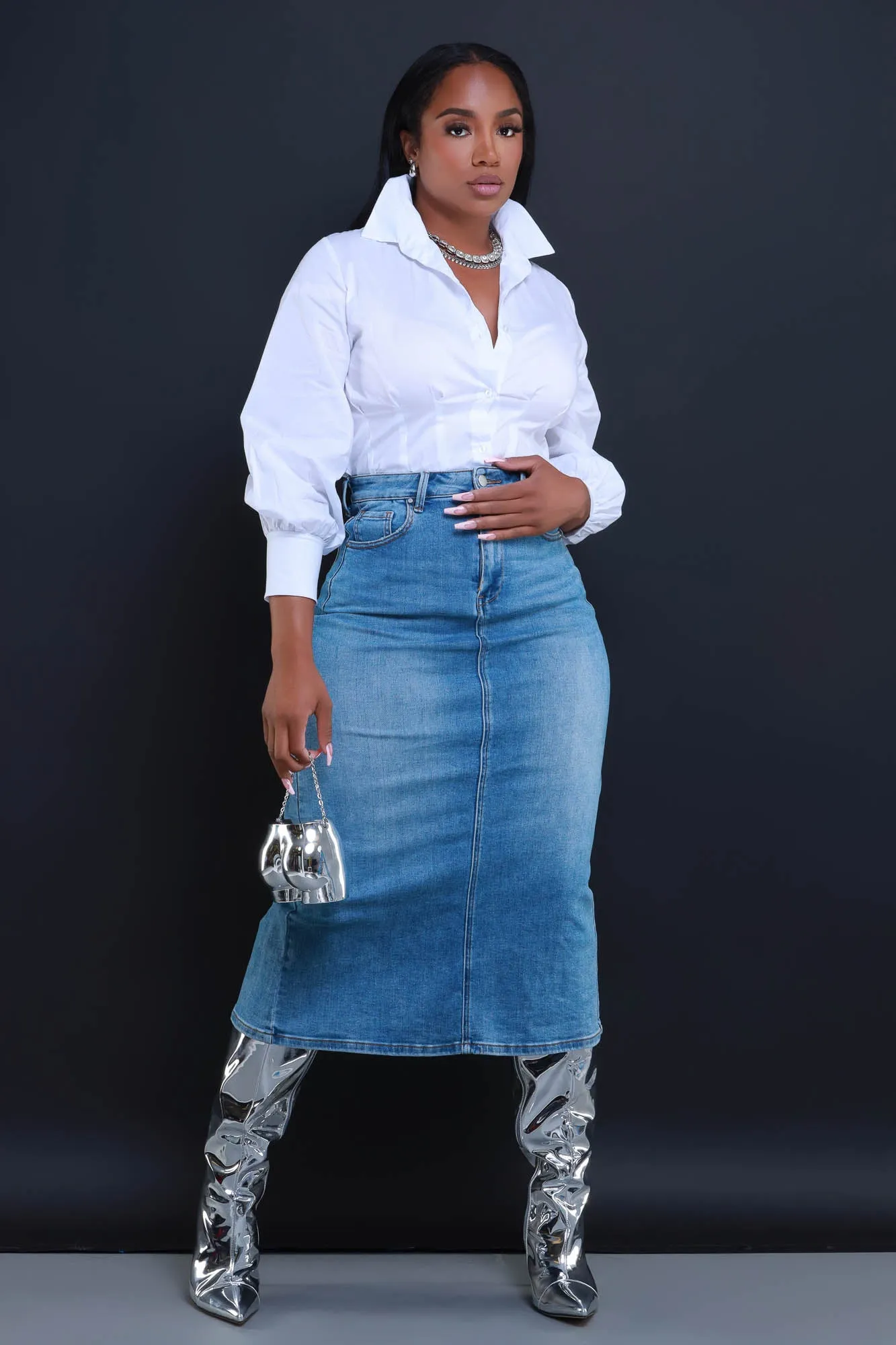 Cleaned Up High Rise Denim Midi Skirt