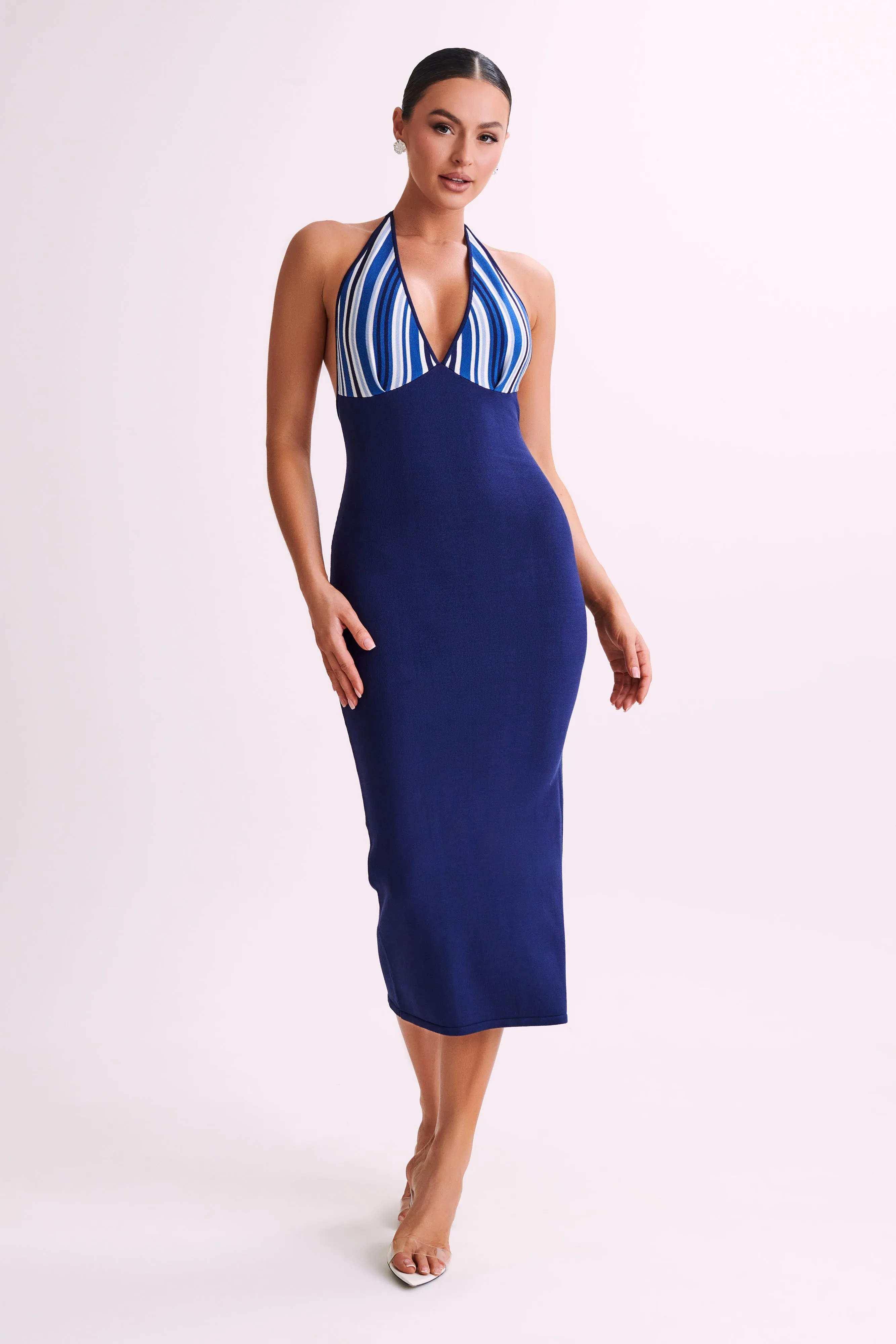 Dana Stripe Knit Halter Midi Dress - Powder Blue