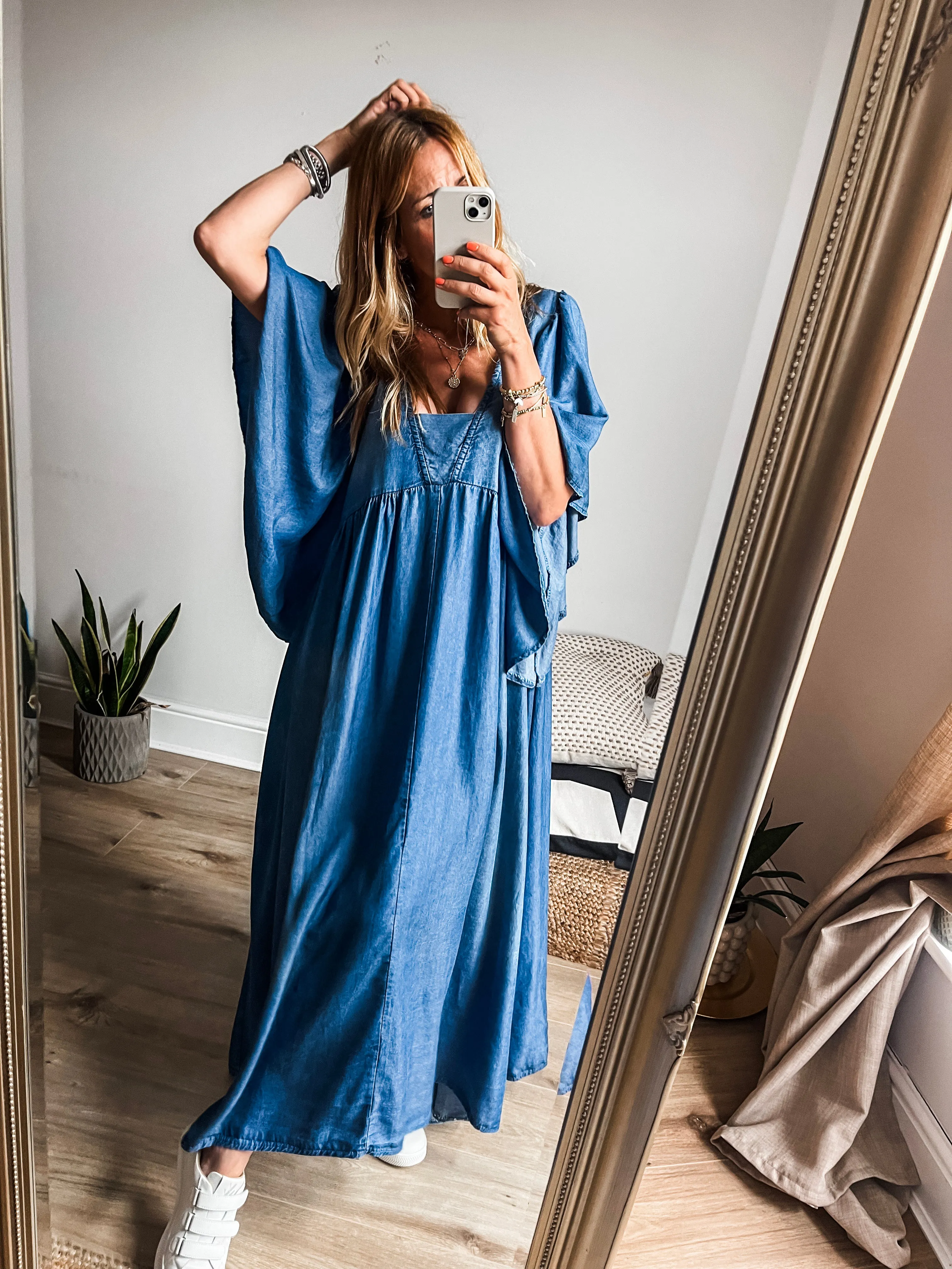 Denim Flouncy Maxi Dress