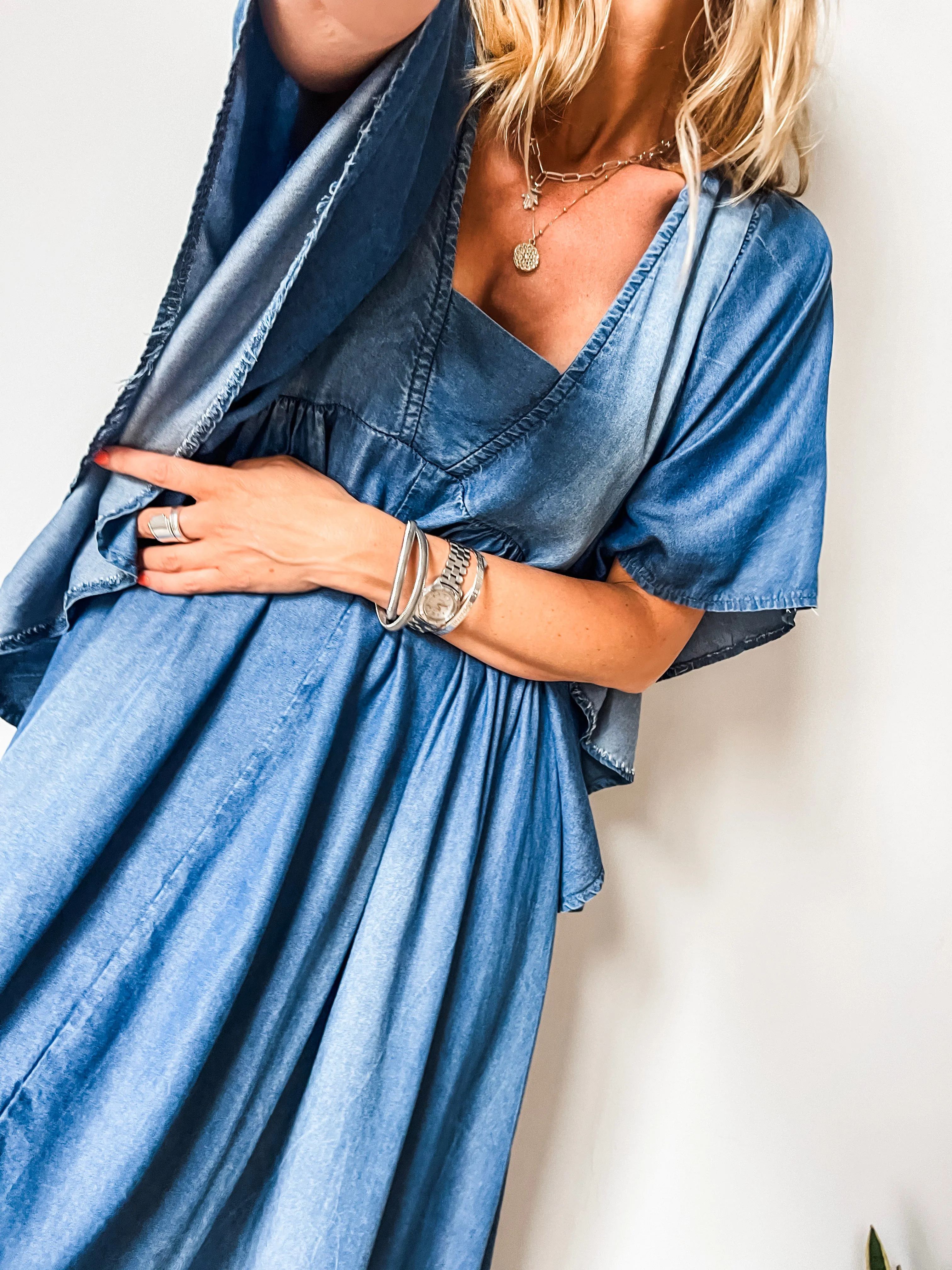 Denim Flouncy Maxi Dress