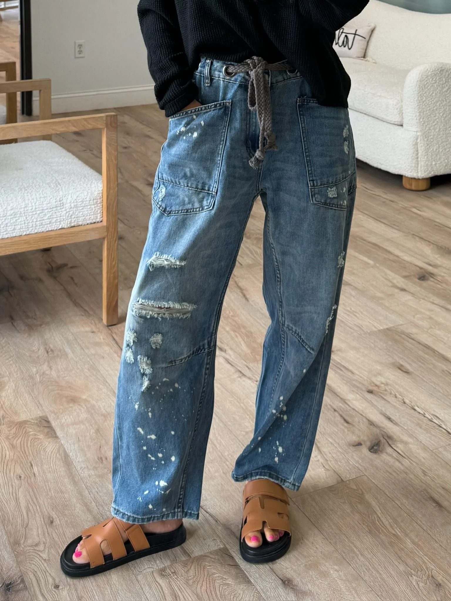 Distressed Drawstring Barrel Jeans |  Plus Available | RESTOCK