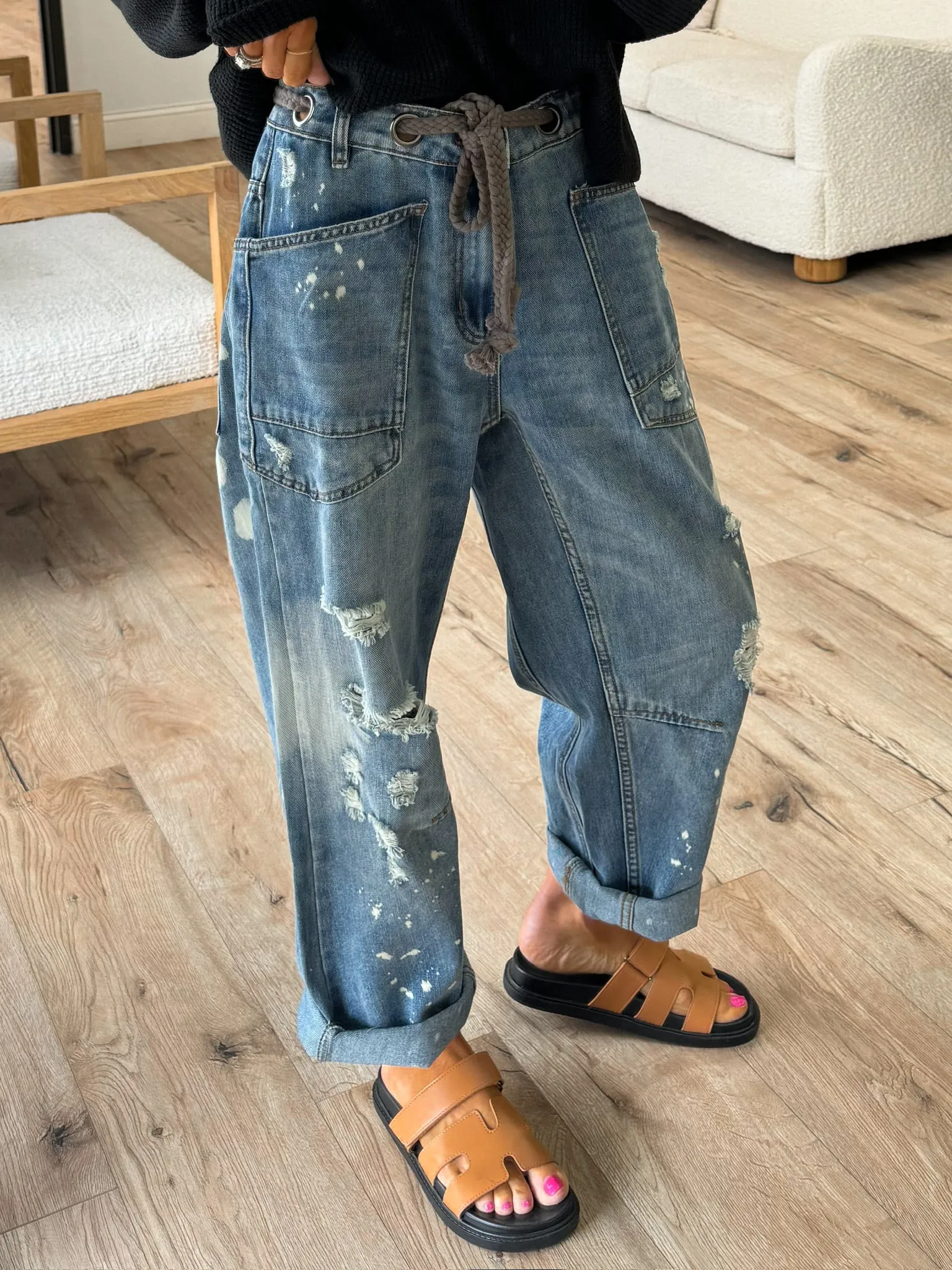 Distressed Drawstring Barrel Jeans |  Plus Available | RESTOCK