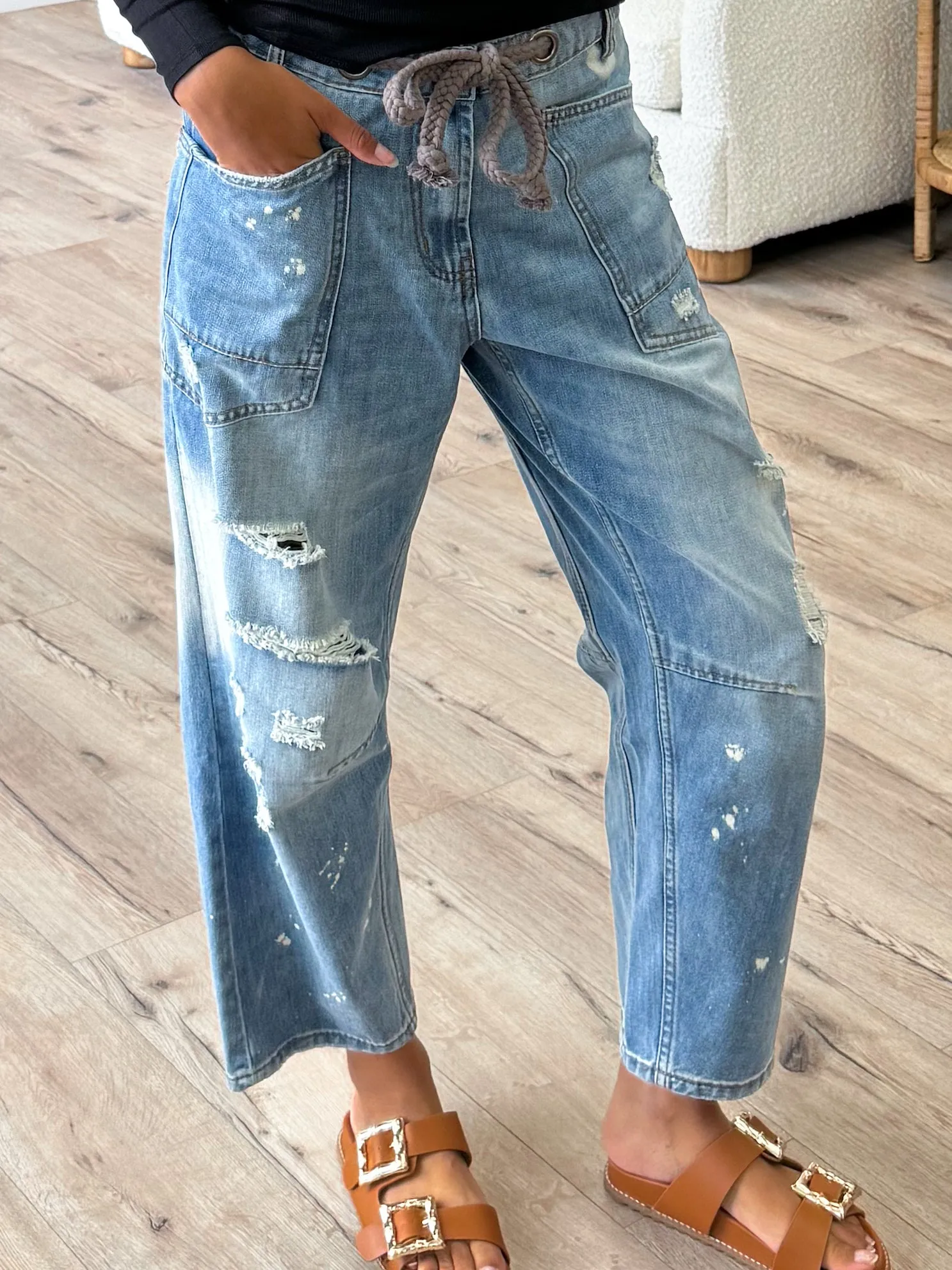 Distressed Drawstring Barrel Jeans |  Plus Available | RESTOCK