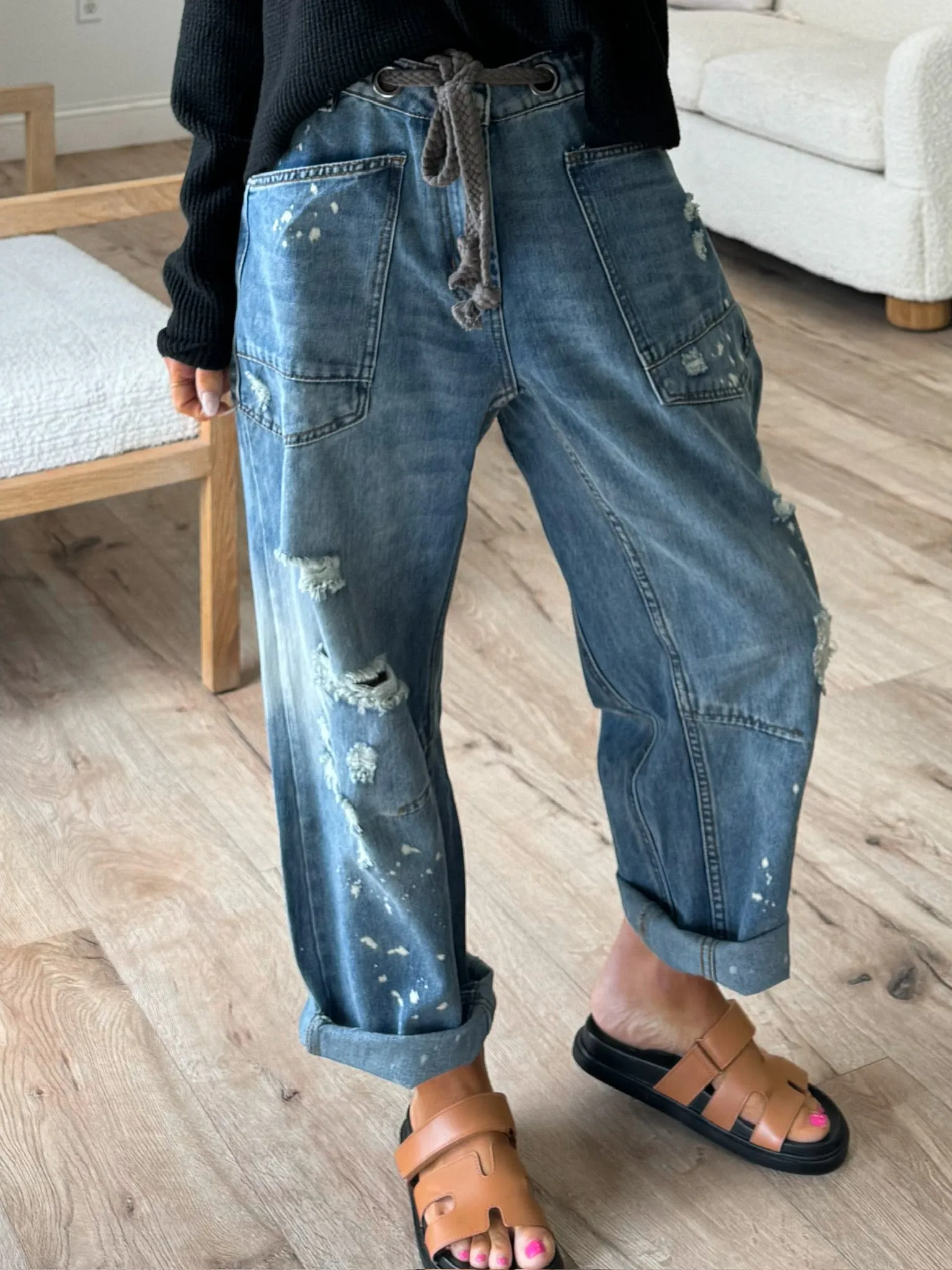 Distressed Drawstring Barrel Jeans |  Plus Available | RESTOCK