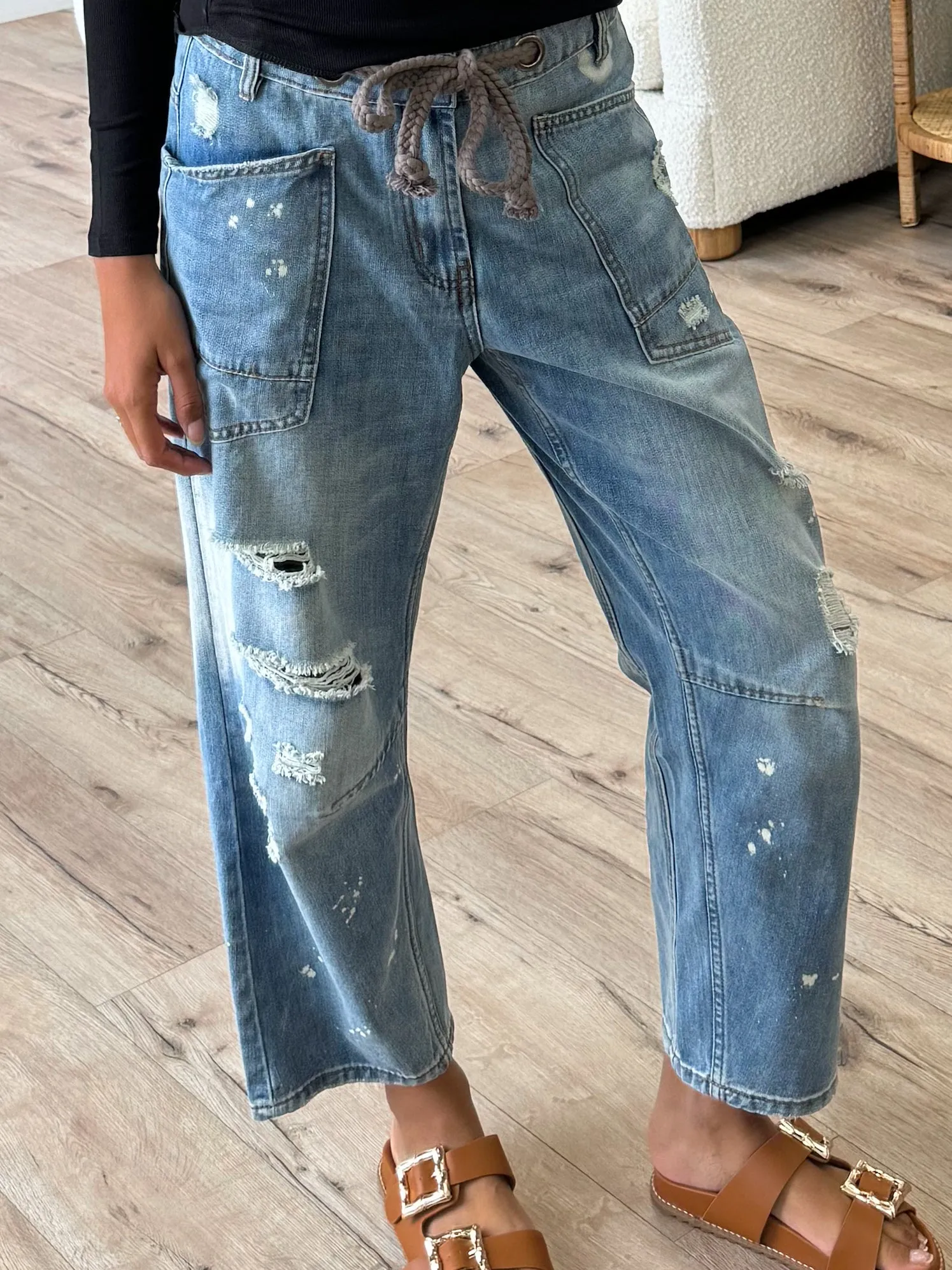 Distressed Drawstring Barrel Jeans |  Plus Available | RESTOCK