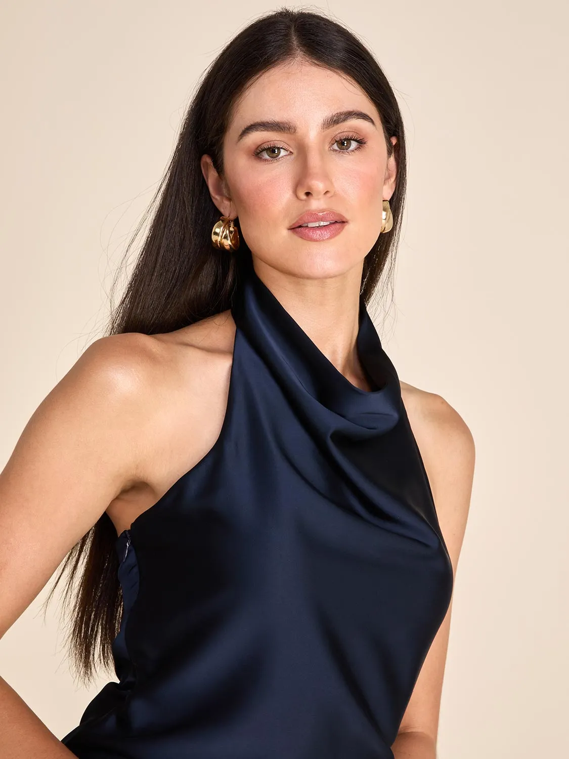 Draped Halter Neck Satin Midi Dress