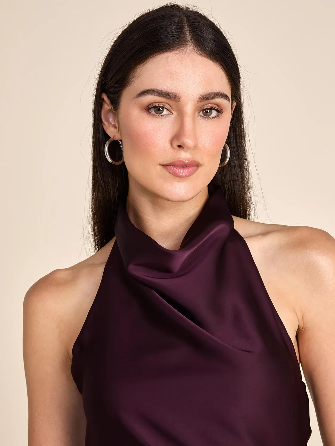 Draped Halter Neck Satin Midi Dress