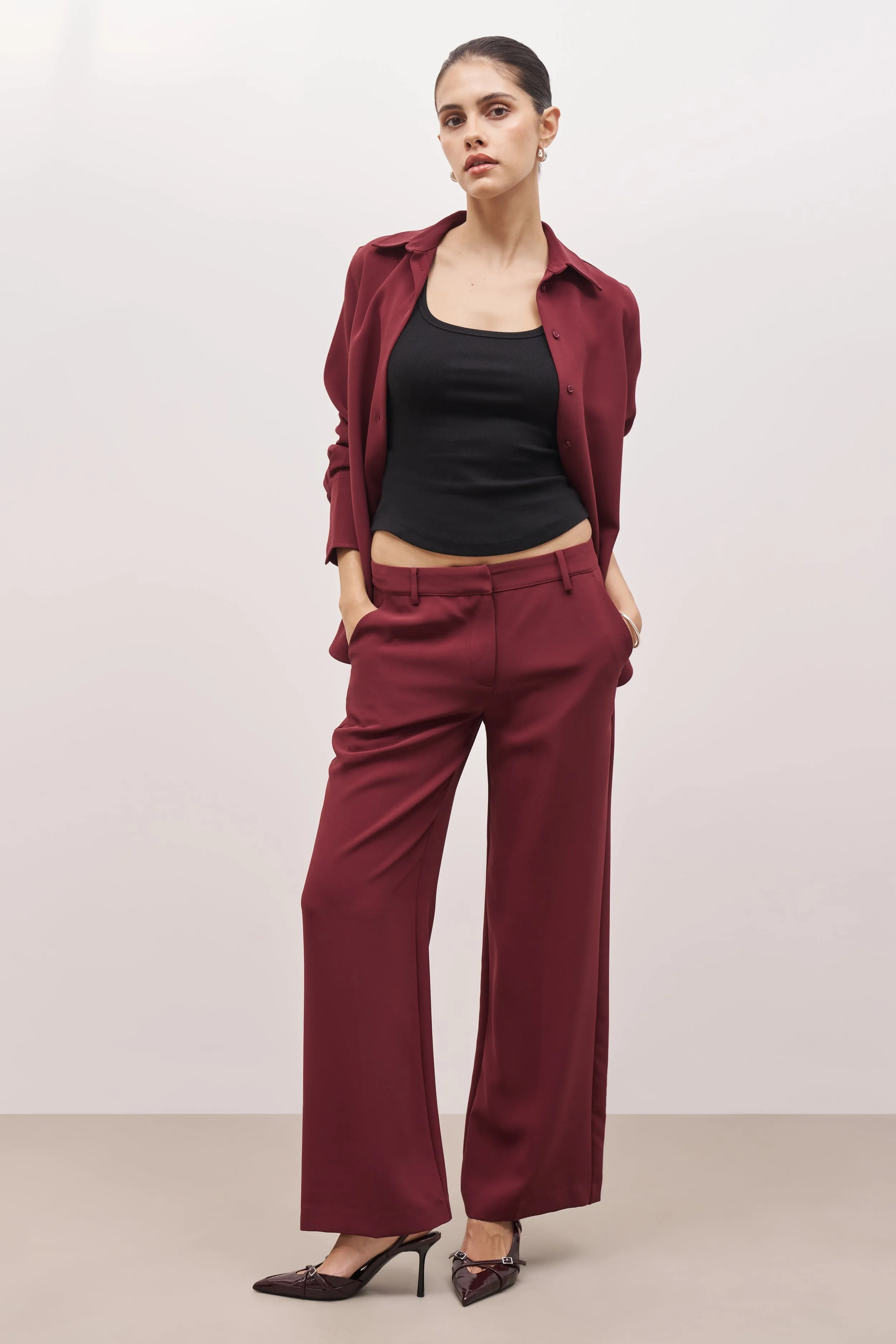 Draped Mid Rise Trousers - Burgundy