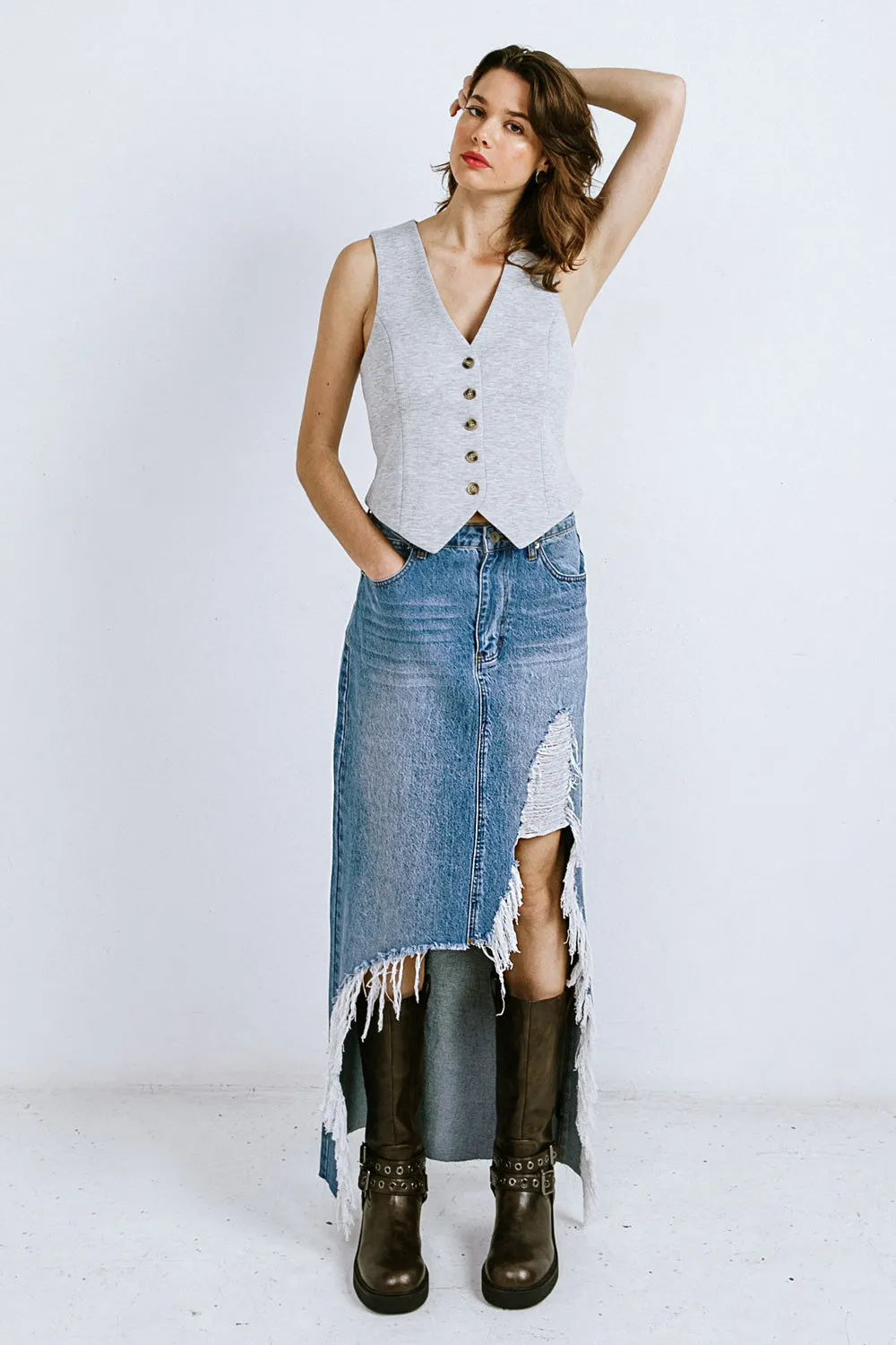 Explore More Collection - A DISTANT MEMORY DENIM MIDI SKIRT