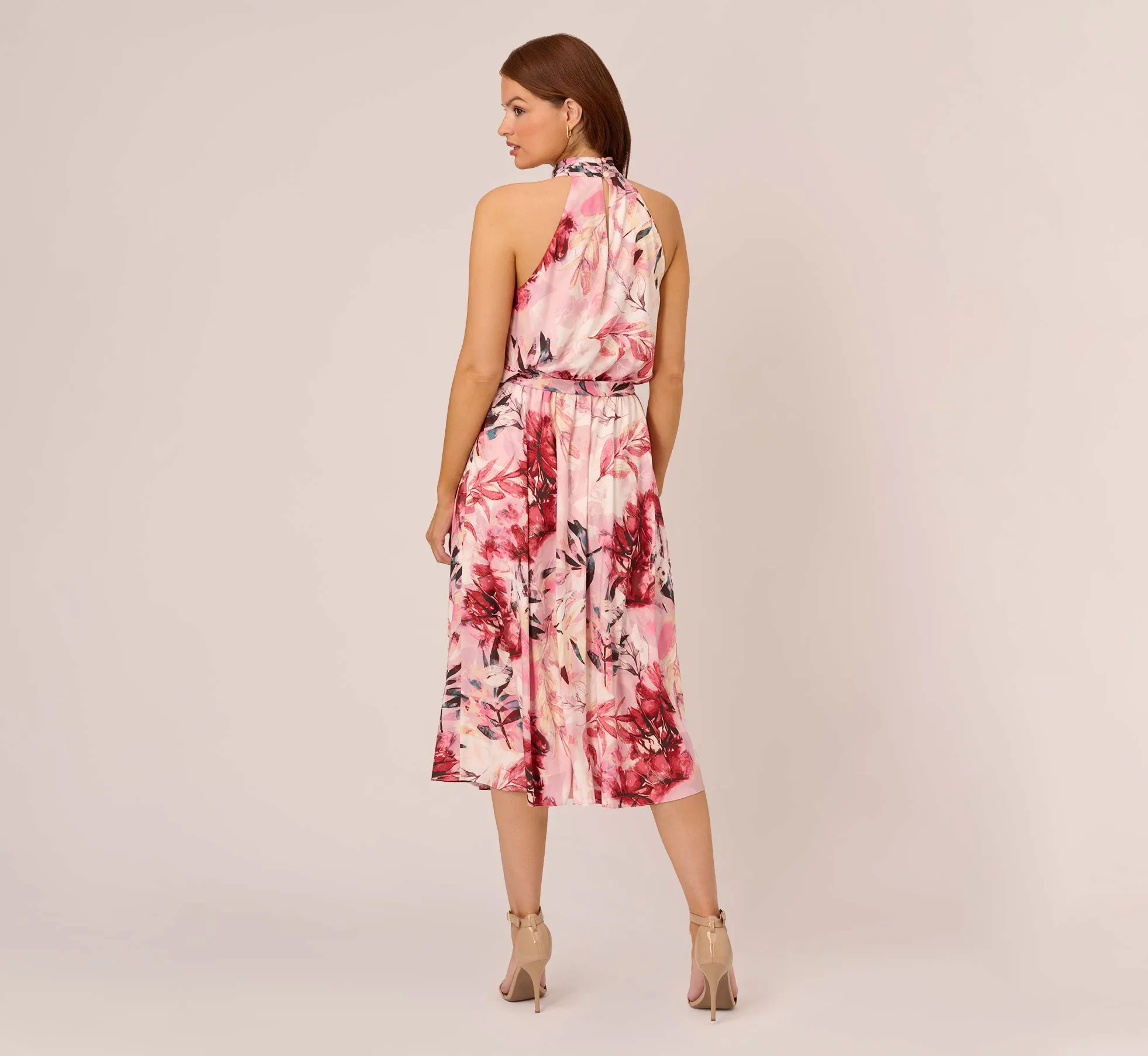 Floral Chiffon Midi Dress With Cutout Halter Neckline In Pink Multi