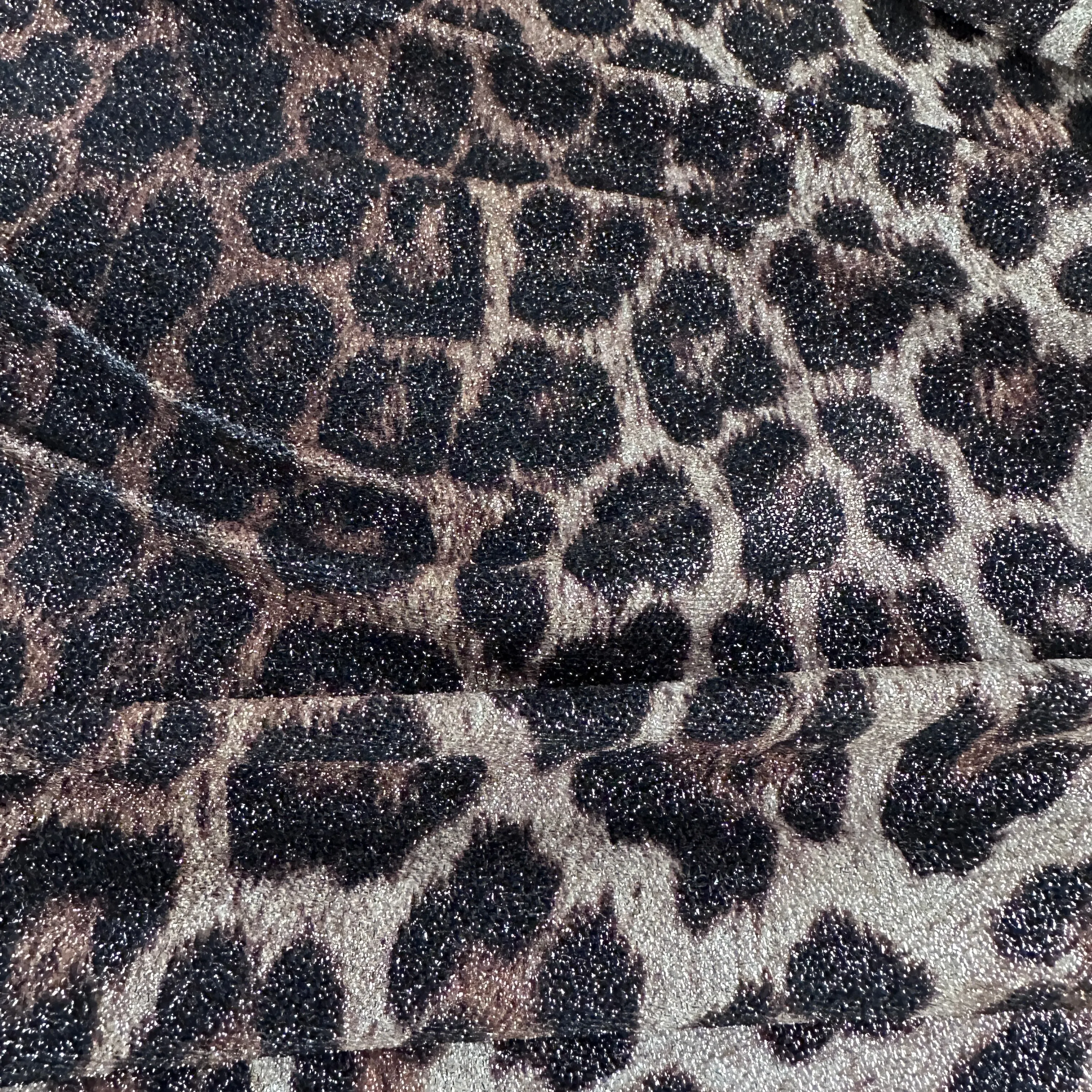 FS005_1 Leopard Animal Print Shiny Lurex Stretch Knit Fabric Gold Brown