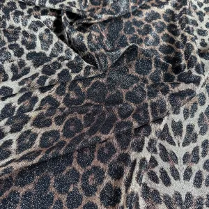 FS005_1 Leopard Animal Print Shiny Lurex Stretch Knit Fabric Gold Brown