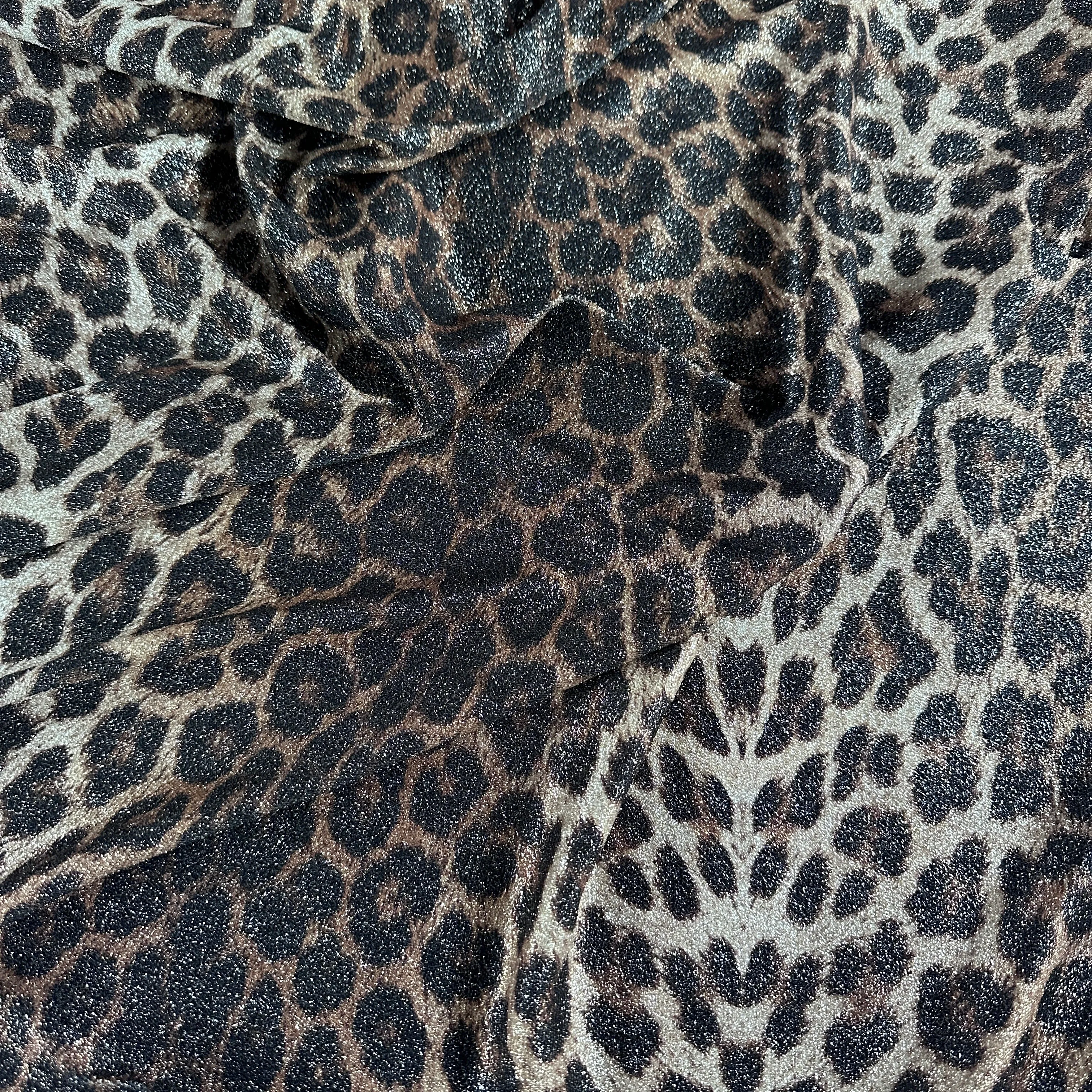 FS005_1 Leopard Animal Print Shiny Lurex Stretch Knit Fabric Gold Brown