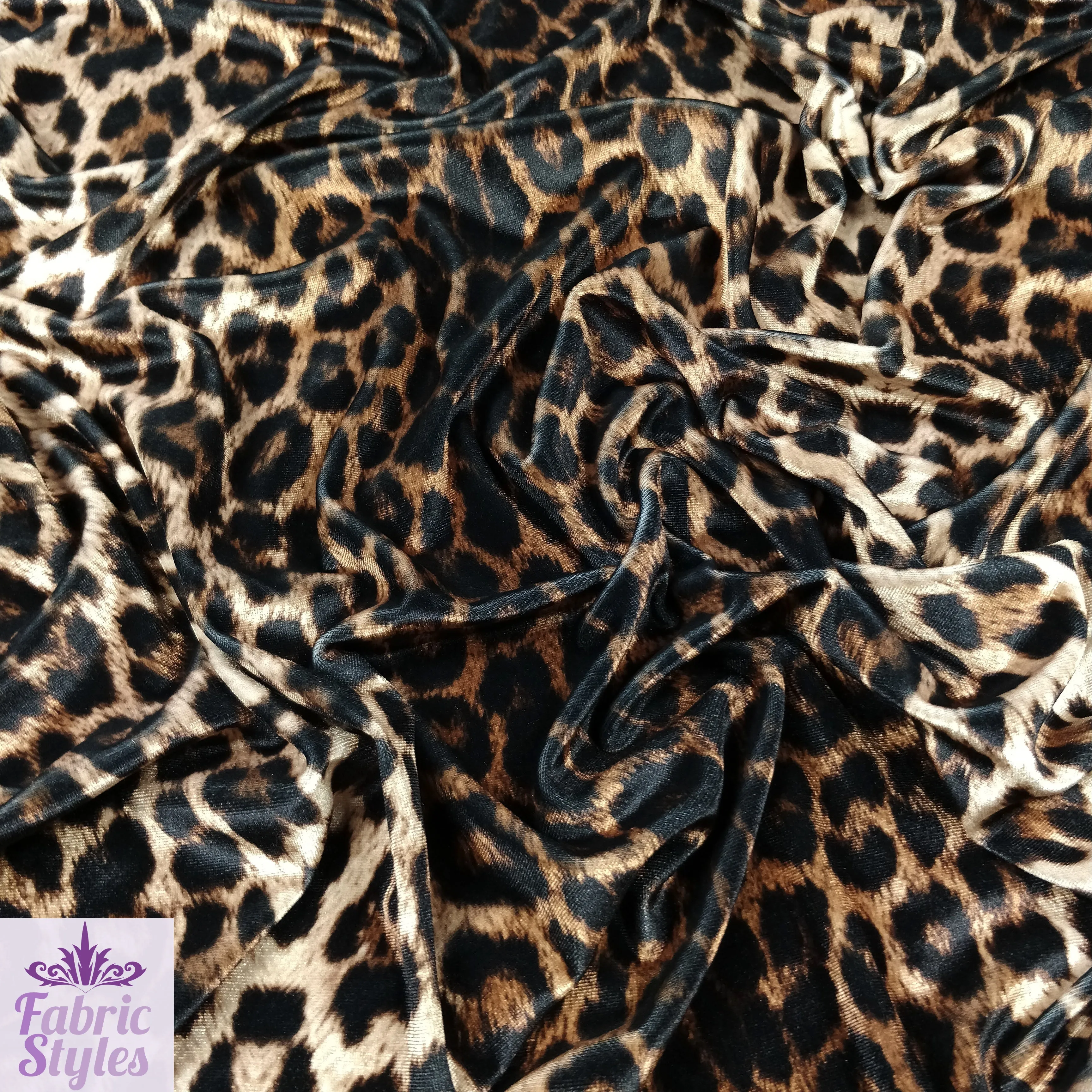 FS005_1 Leopard Animal Print Velvet Stretch Knit Fabric Gold Brown