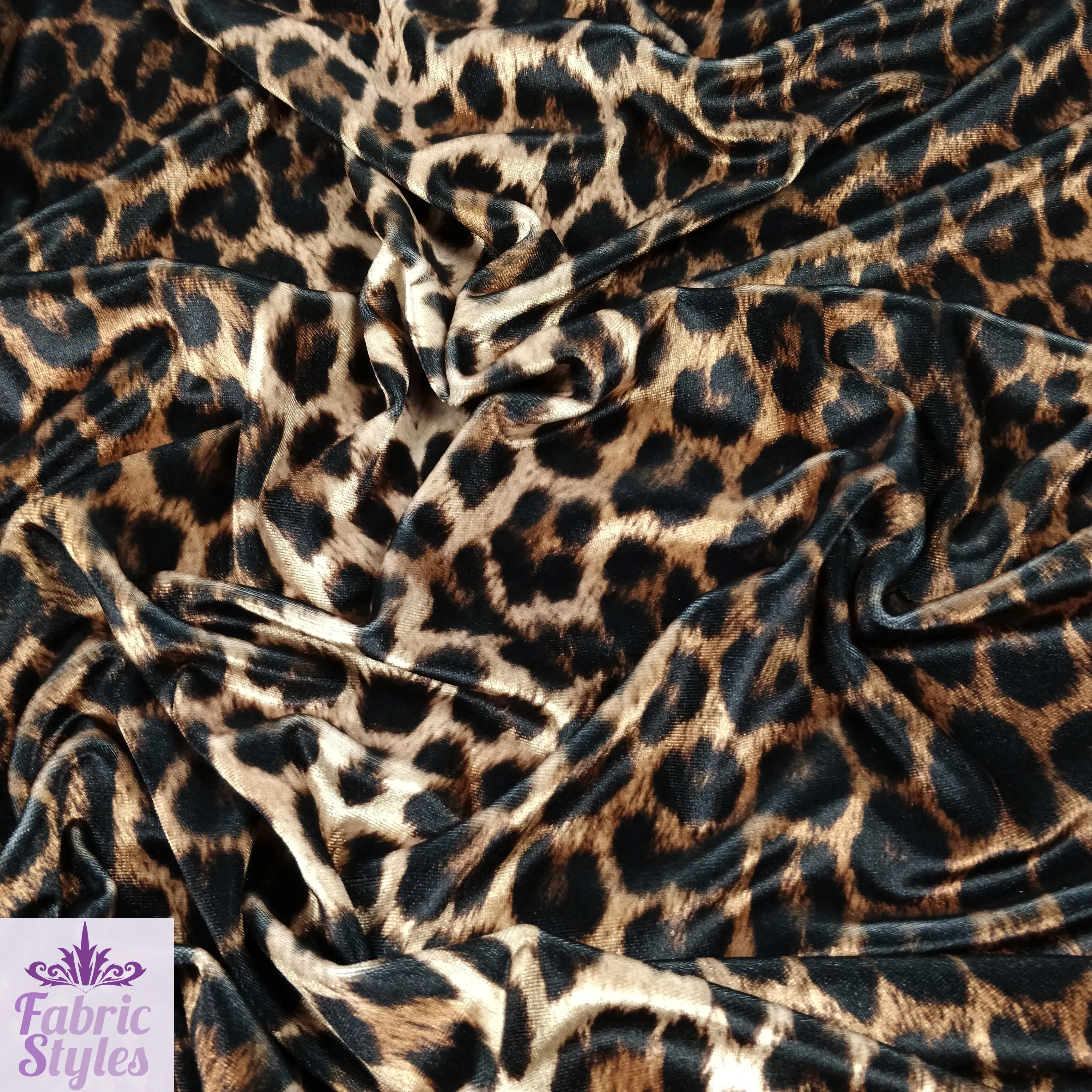 FS005_1 Leopard Animal Print Velvet Stretch Knit Fabric Gold Brown