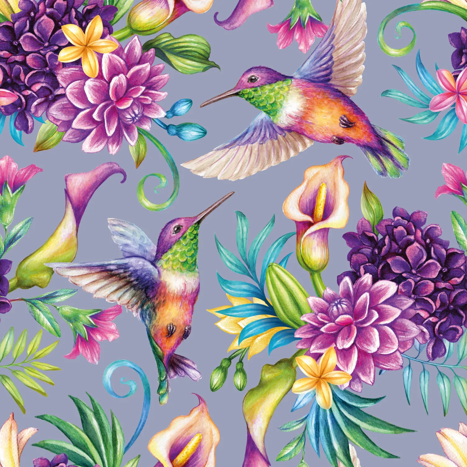 FS1006 Humming Bird Floral Scuba Stretch Knit Fabric Lilac