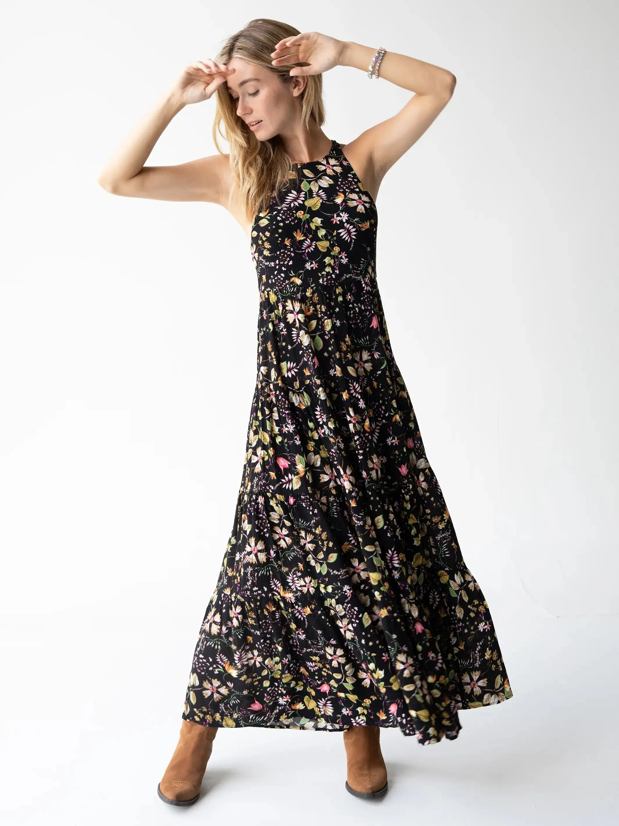 Halle Printed Halter Maxi Dress - Black Floral Stems